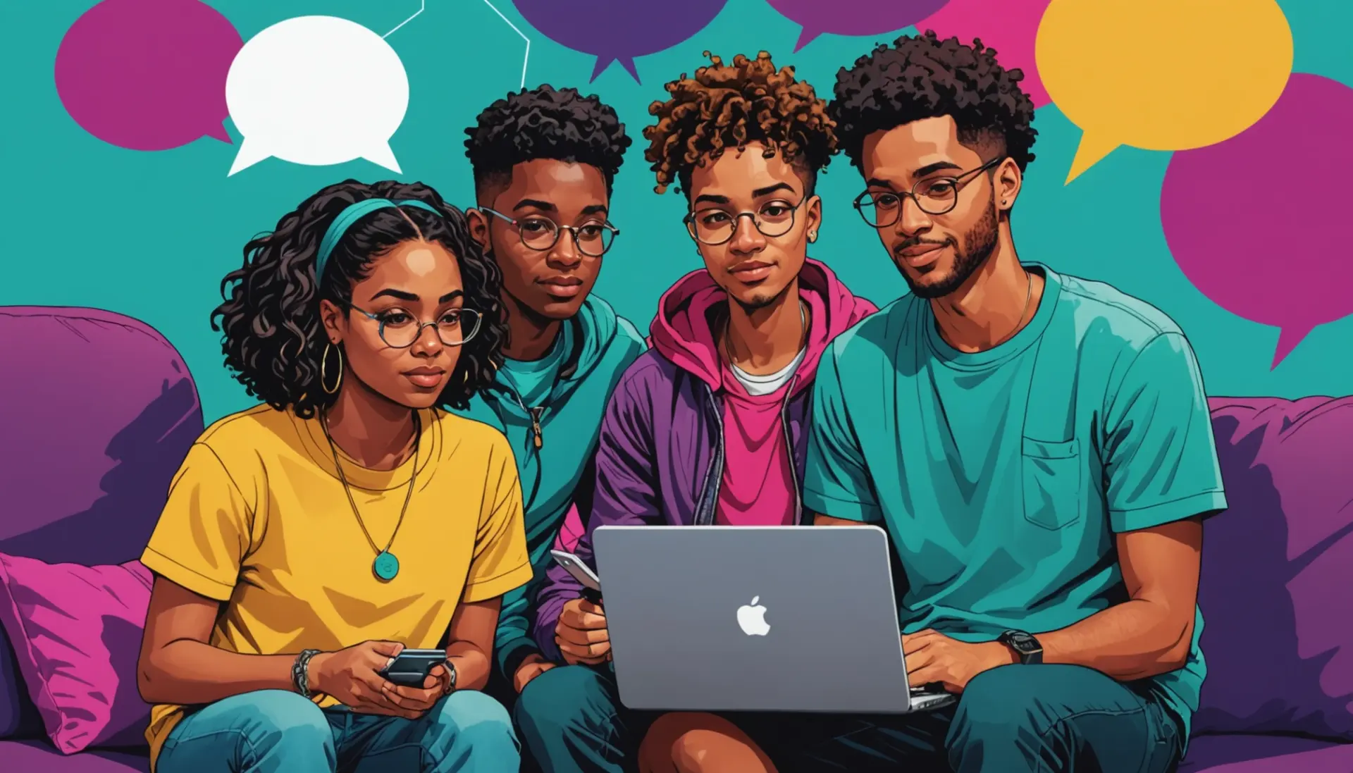 Editorial illustration of fans discussing rpfing slang on a laptop and phone, showing tags and chat bubbles