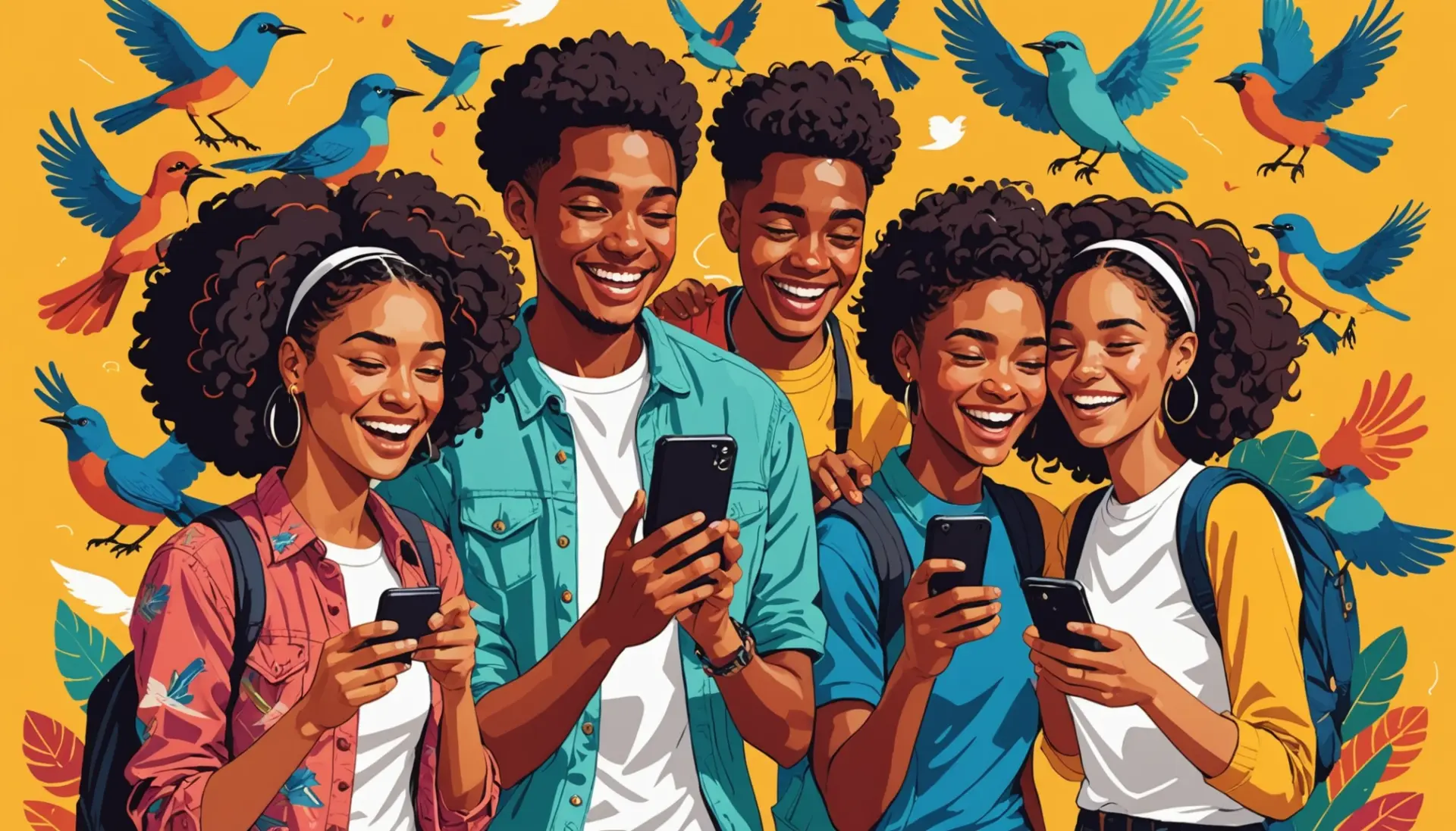 Editorial illustration of friends joking about what does being a bird mean slang