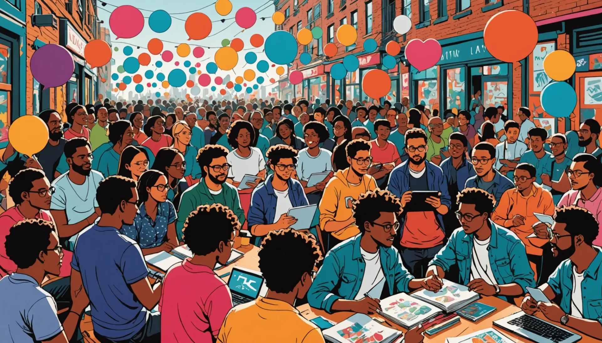 Editorial illustration of fans and text bubbles about shipping urban dictionary