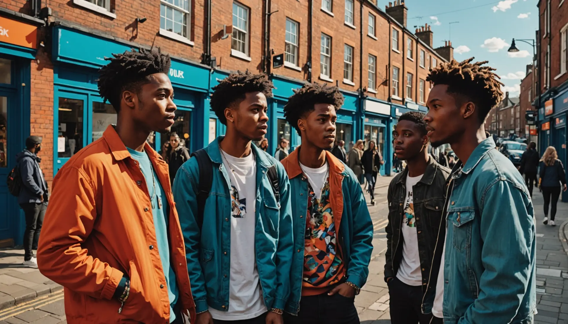 Editorial illustration of young Brits discussing 'bellend slang uk' on a city street