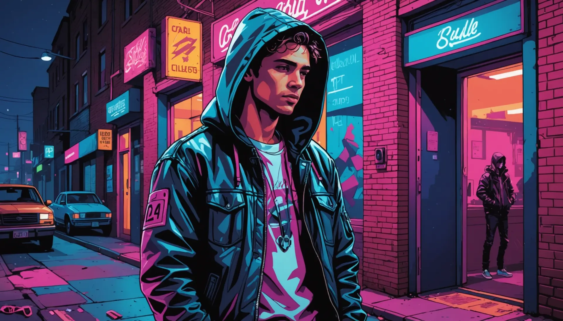 Editorial illustration showing urban scene hinting at a .38 revolver, caption concept related to 38 hot meaning slang