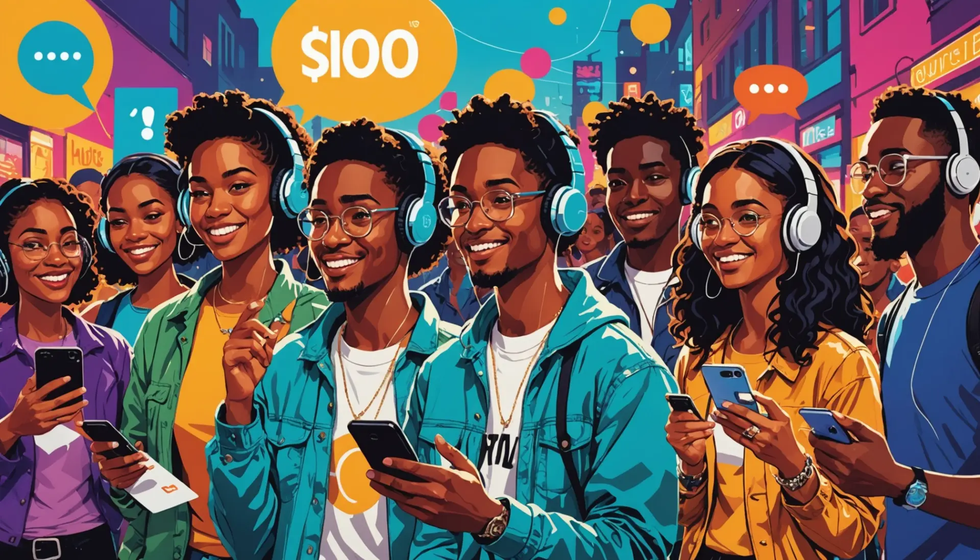 Editorial illustration showing people referencing 'benjamin urban dictionary' with imagery of a $100 bill and speech bubbles
