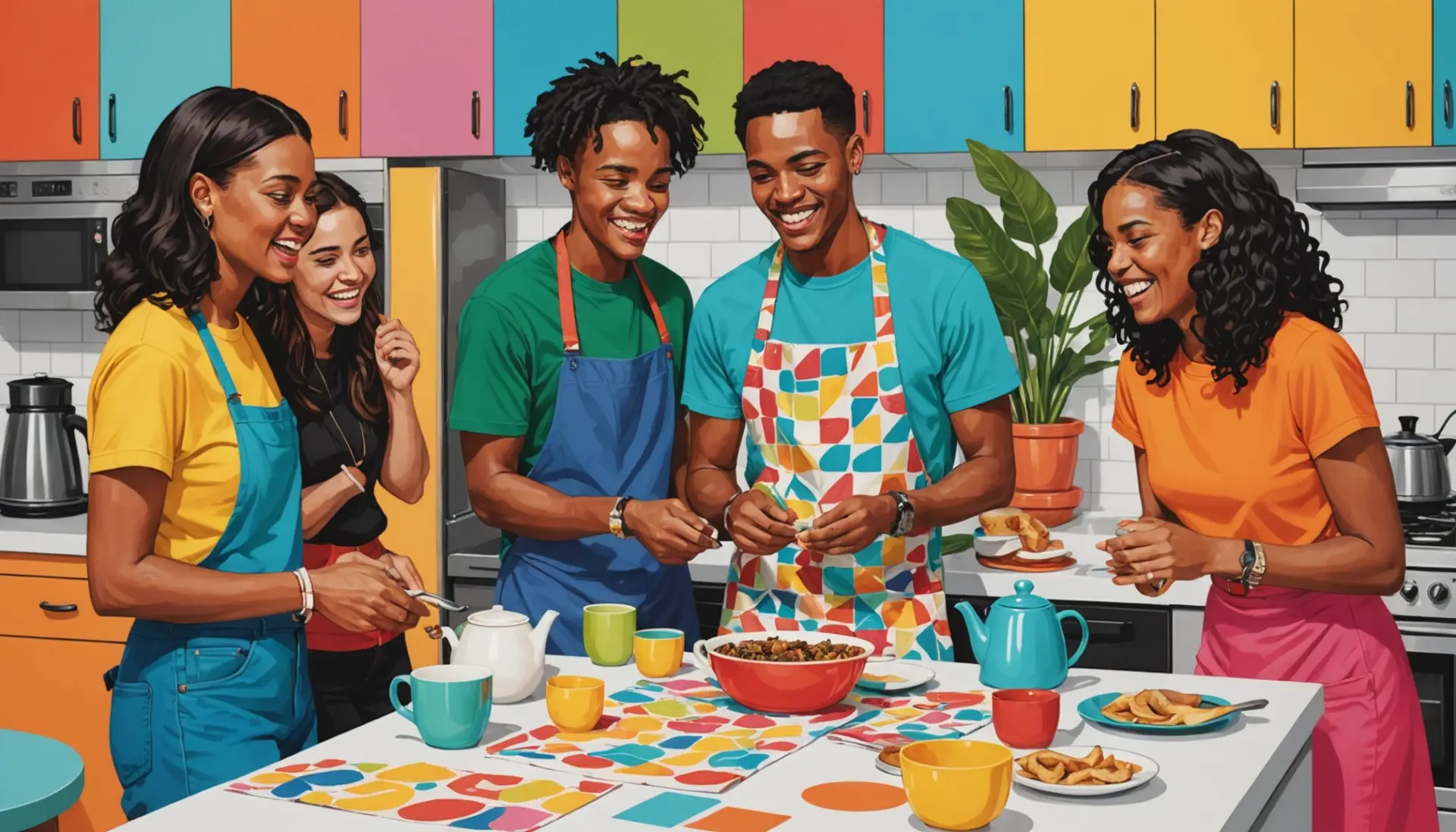 Editorial illustration of people passing a colorful tea towel, representing the phrase tea towel meaning slang