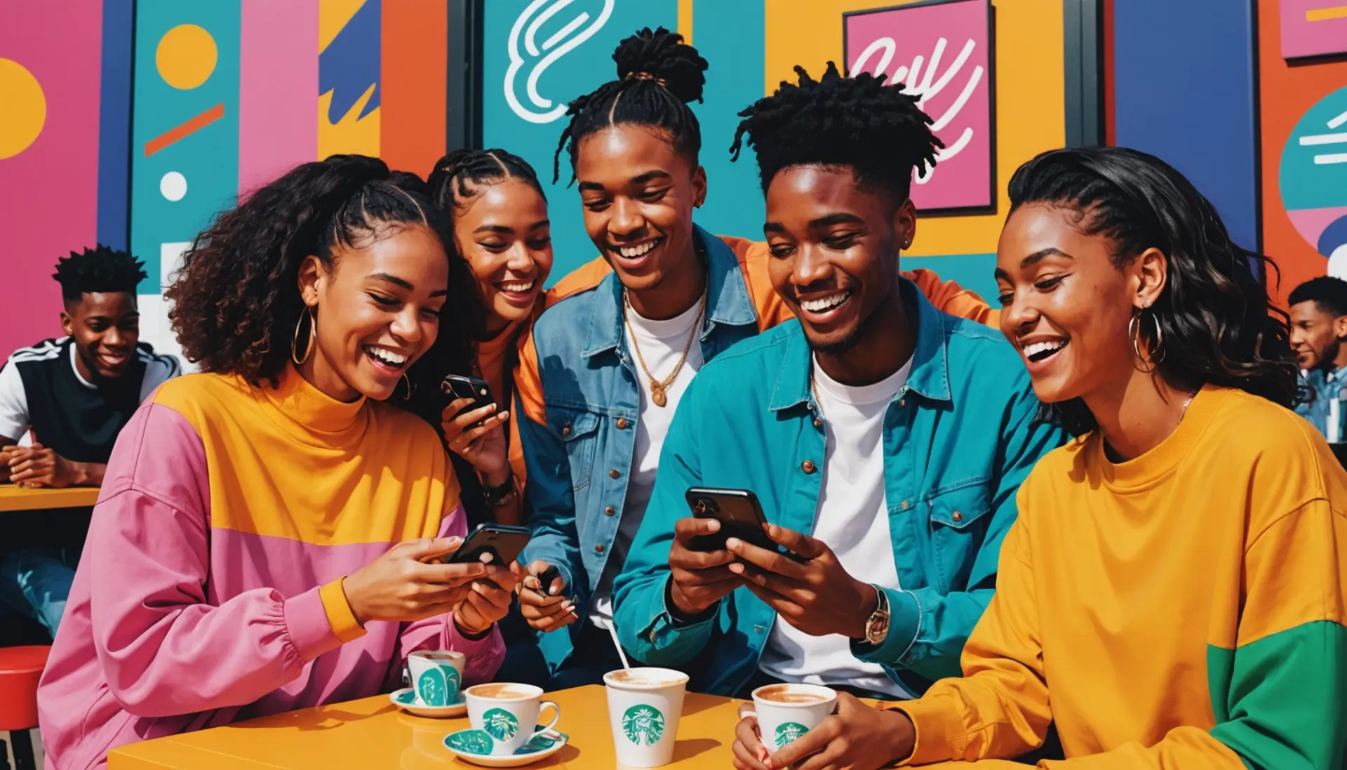 Editorial illustration showing people texting 'what does fye mean in slang' with vibrant street-style visuals