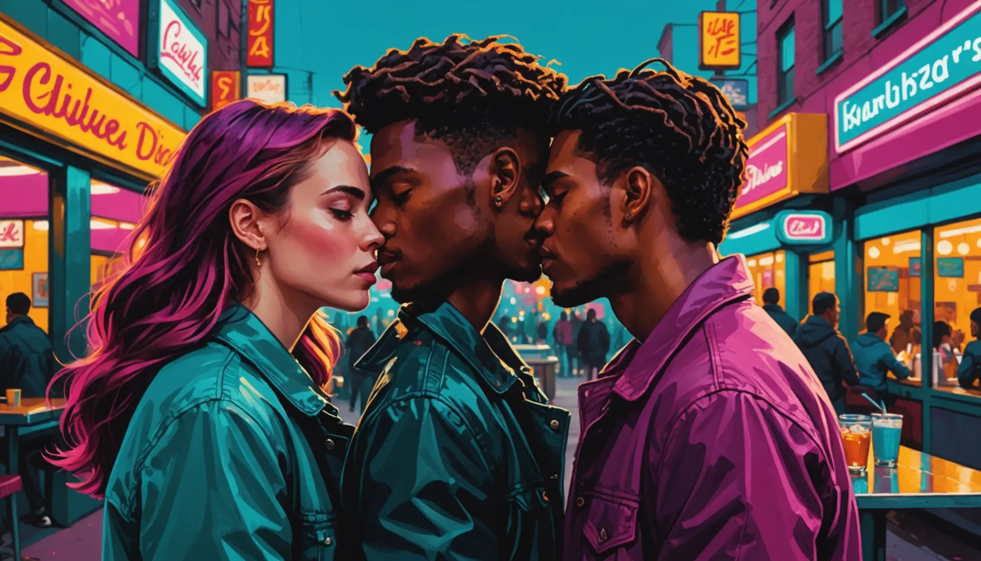 Editorial illustration of two young people necking, showing youthful romance and necking slang vibe