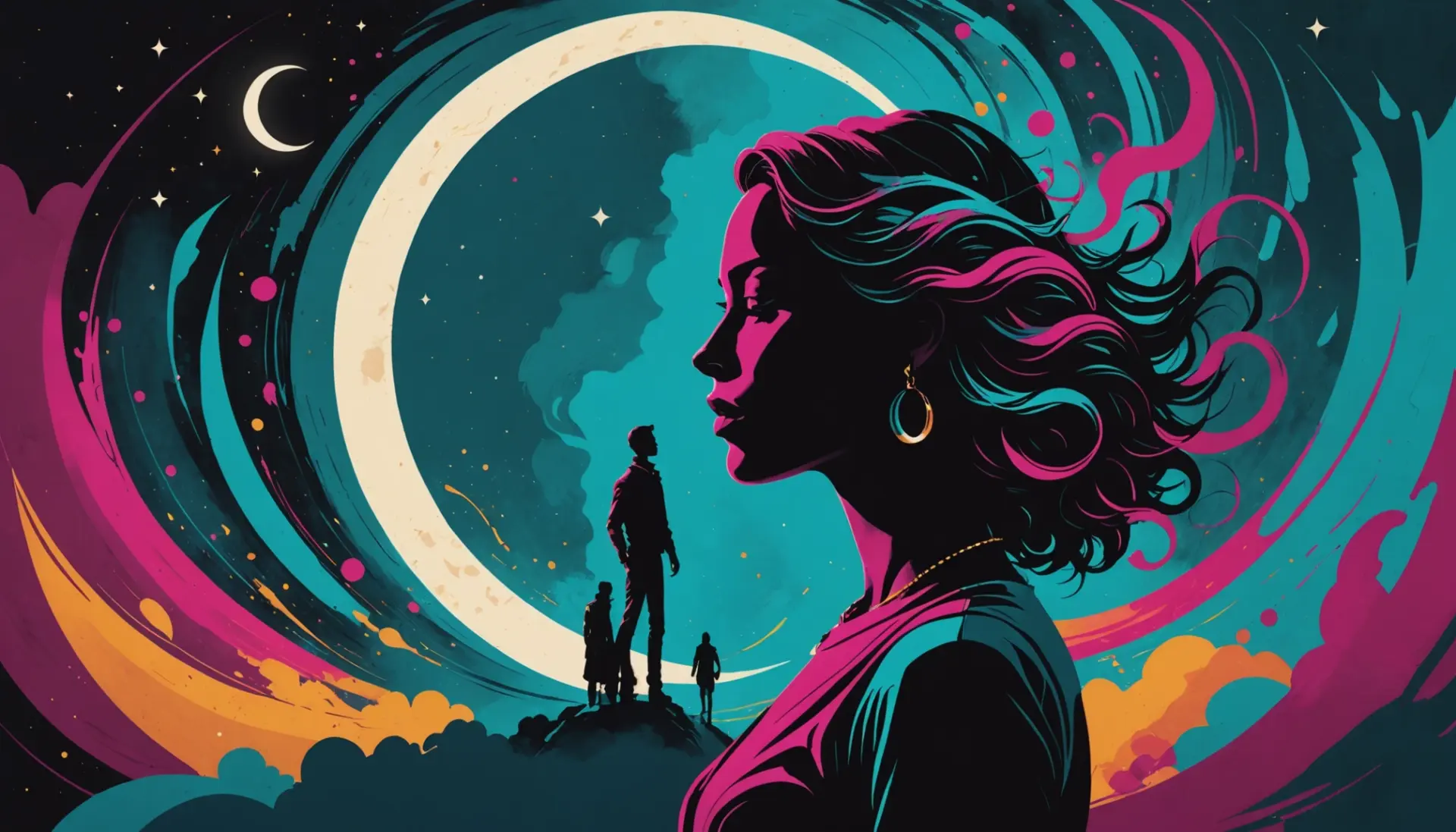 Editorial illustration of a shadowy figure under a crescent of light, umbra theme reflecting what does umbra mean