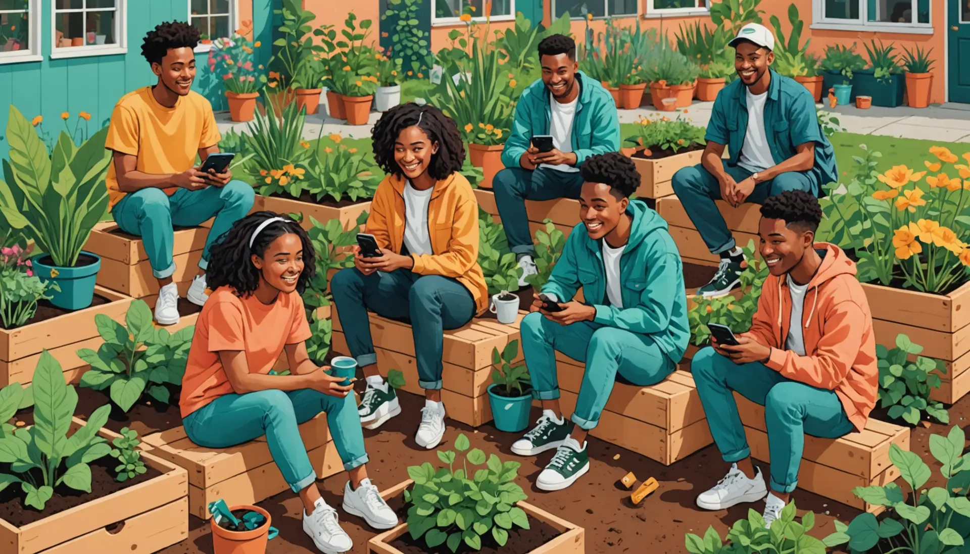 Editorial illustration showing people in a colorful community garden with a banner reading everyday objects, representing what does garden variety mean