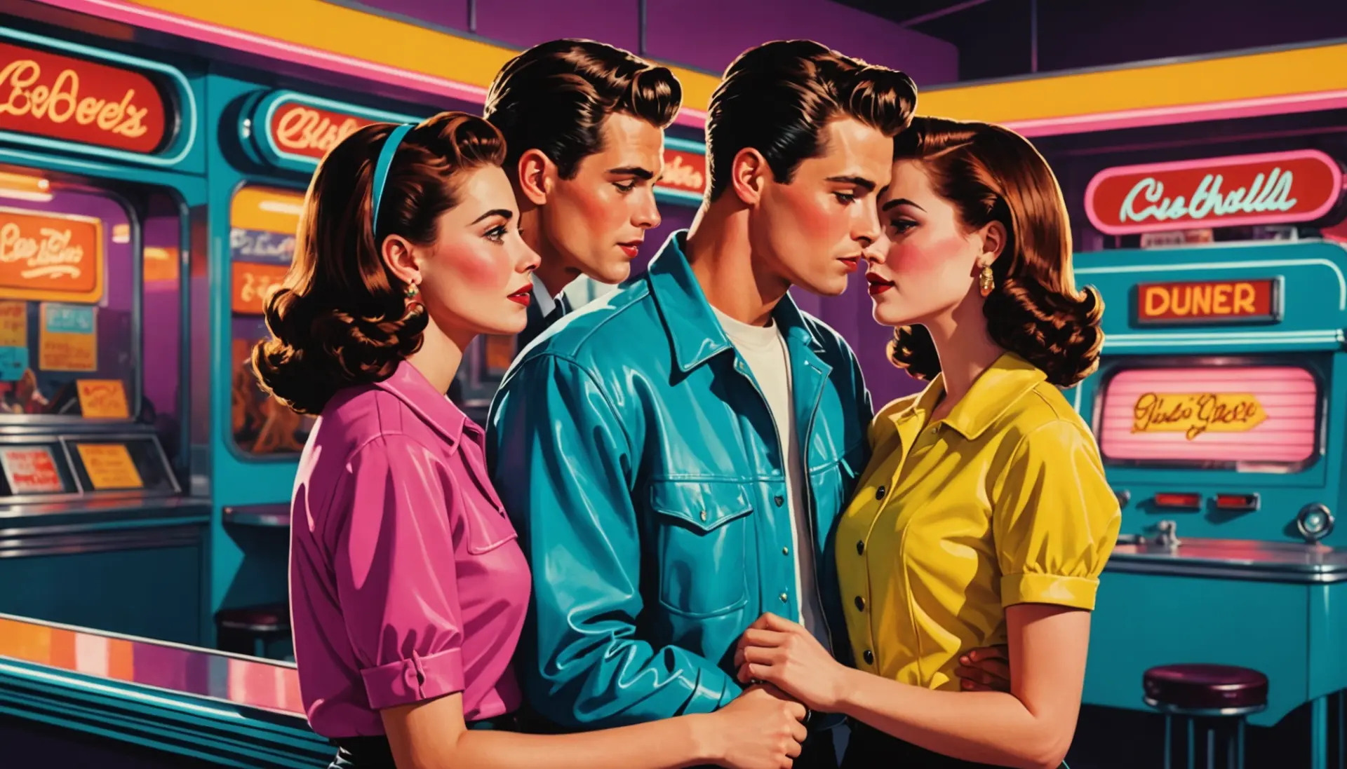 Illustration showing a retro couple necking with the caption idea referencing necking urban dictionary