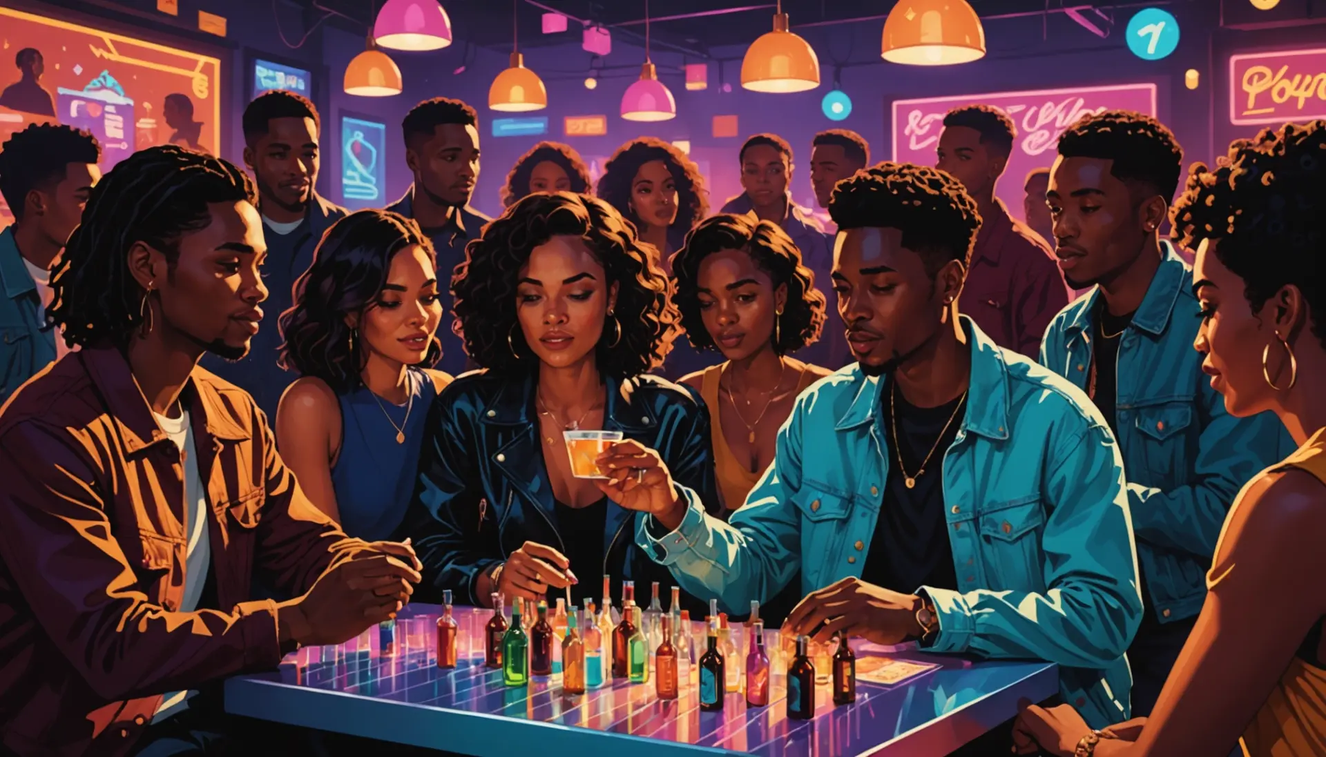 Editorial illustration showing a club scene and small bottles, caption style: what is a popper urban dictionary
