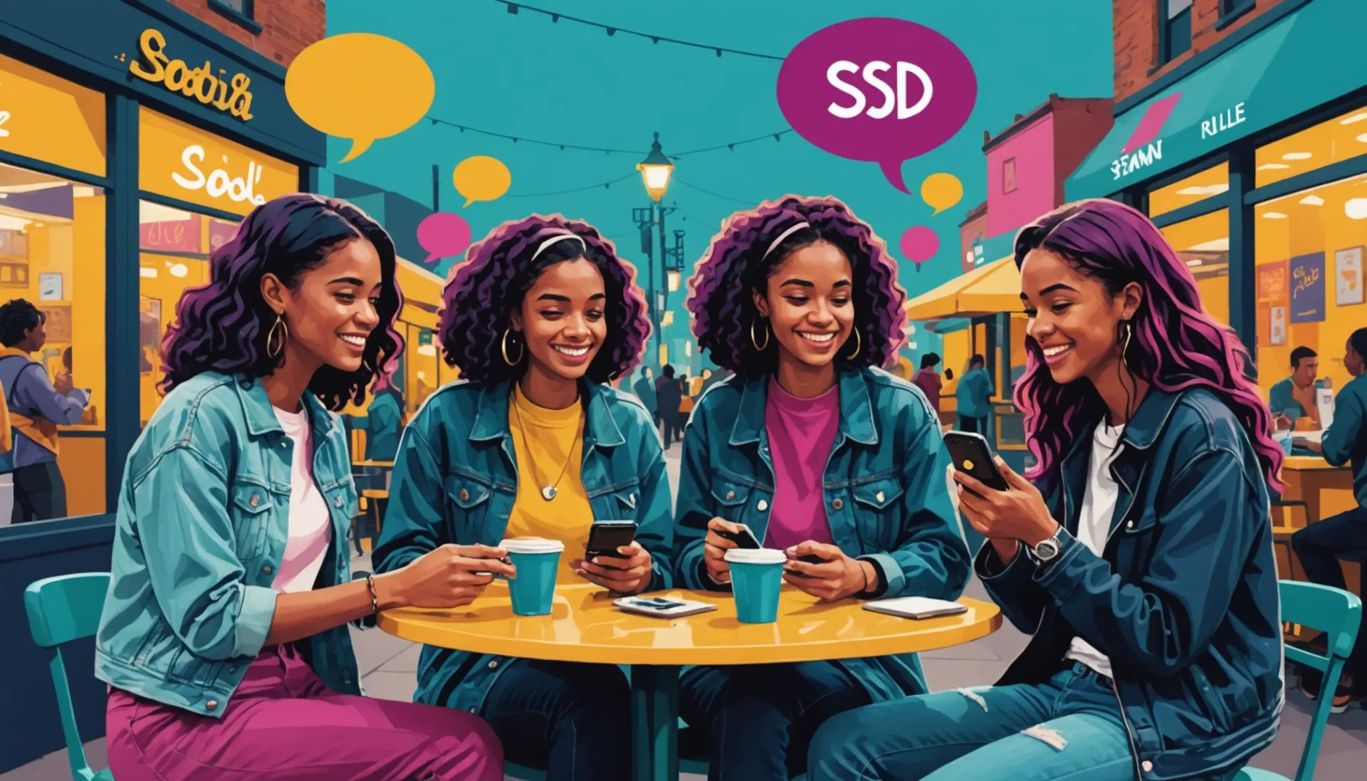 Editorial illustration showing people texting 'SD' with the phrase what does sd mean in slang in vibe imagery