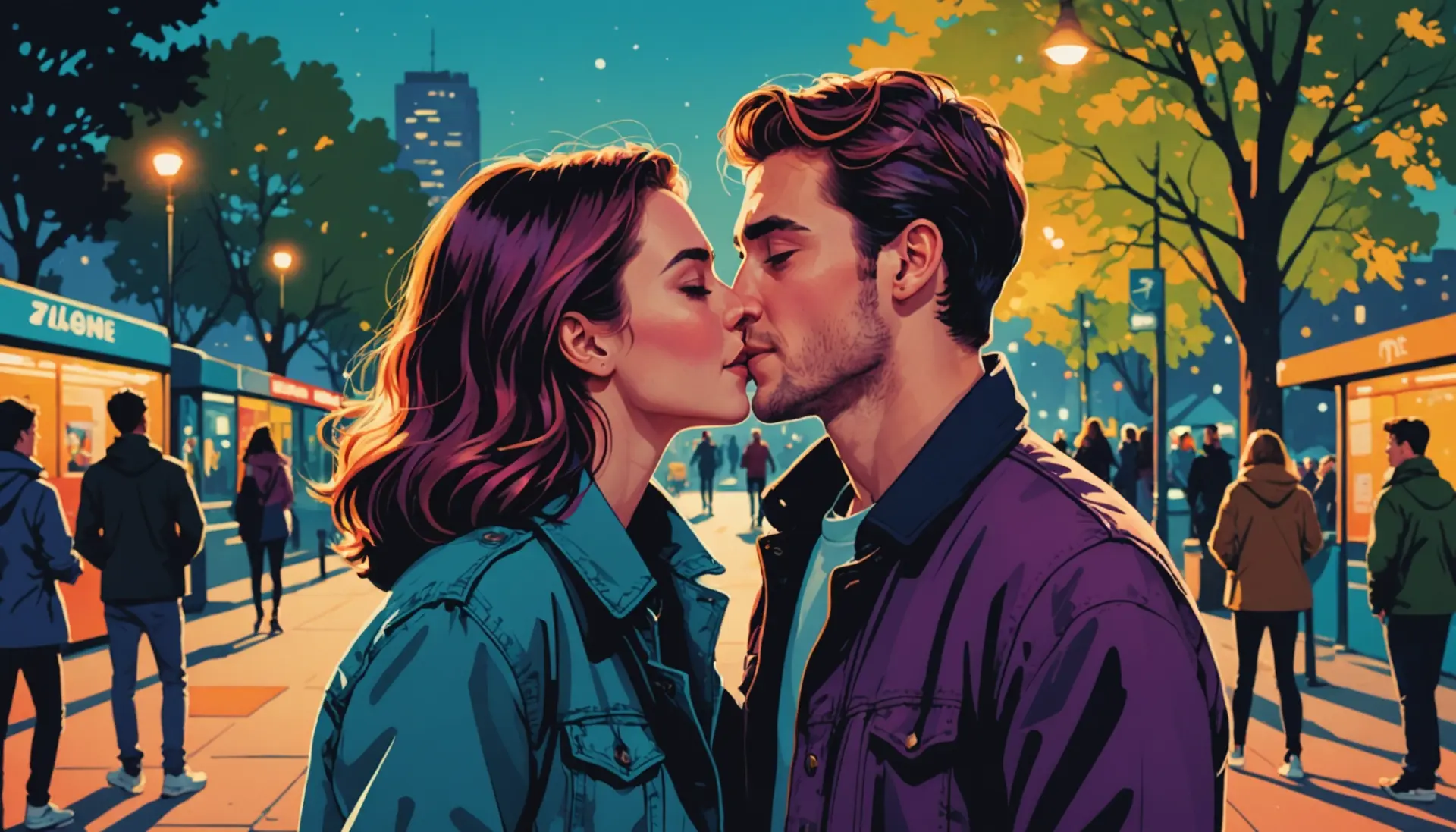 Editorial illustration of young people kissing and laughing, showing what does necking mean