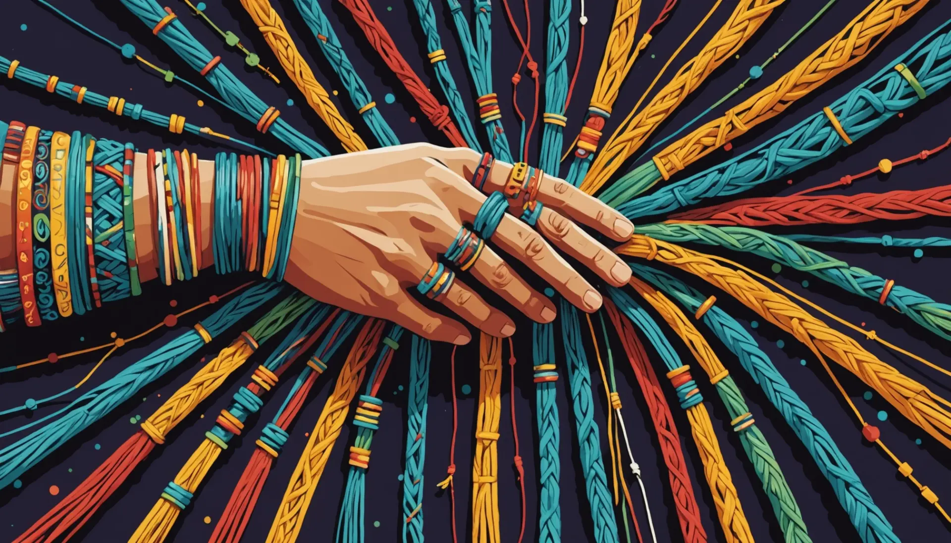 Editorial illustration depicting a colorful quipu with knots and cords, representing what does quipu mean