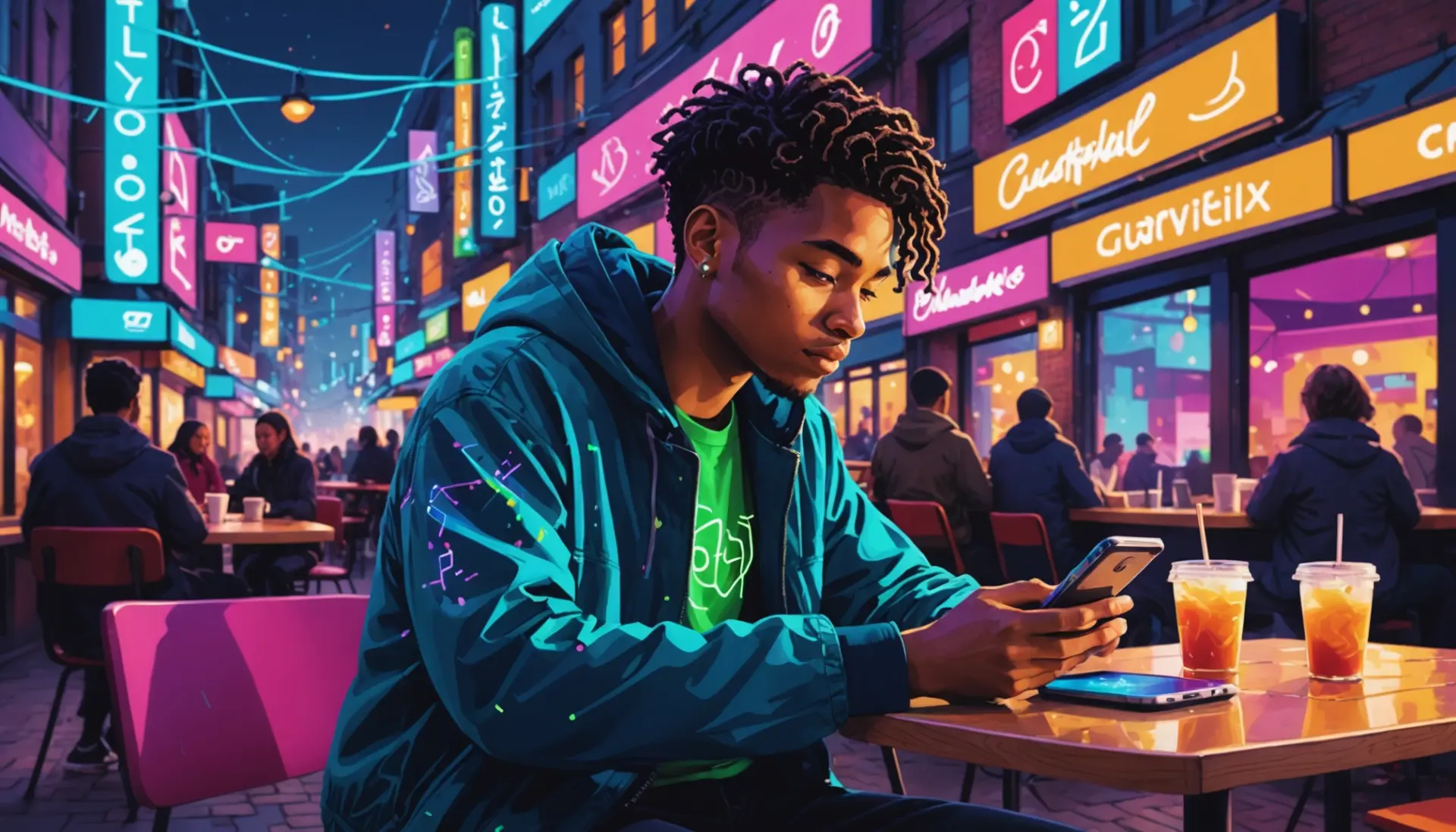 Editorial illustration showing a person texting with the phrase what is an encrypted text message echoed as icons
