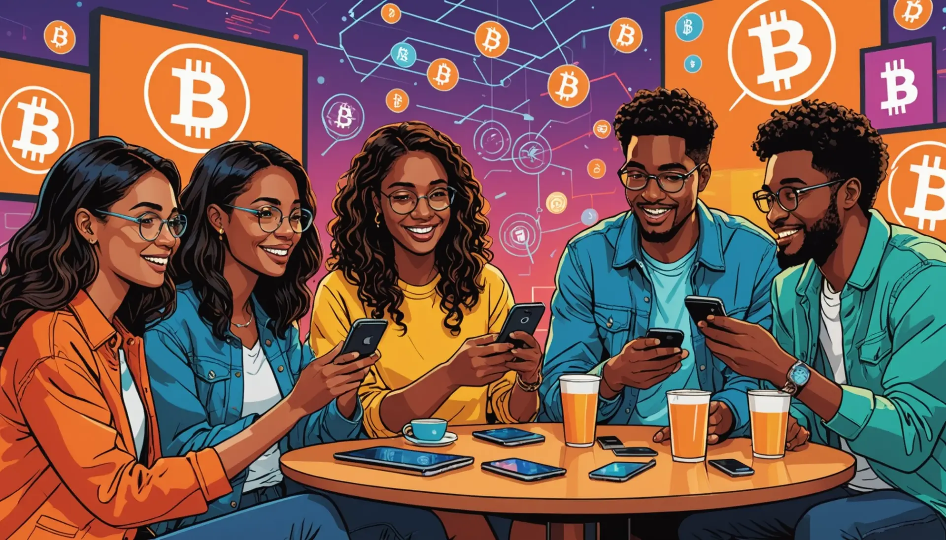 Editorial illustration showing people texting 'what does btc mean in slang' with Bitcoin icon, vibrant colors