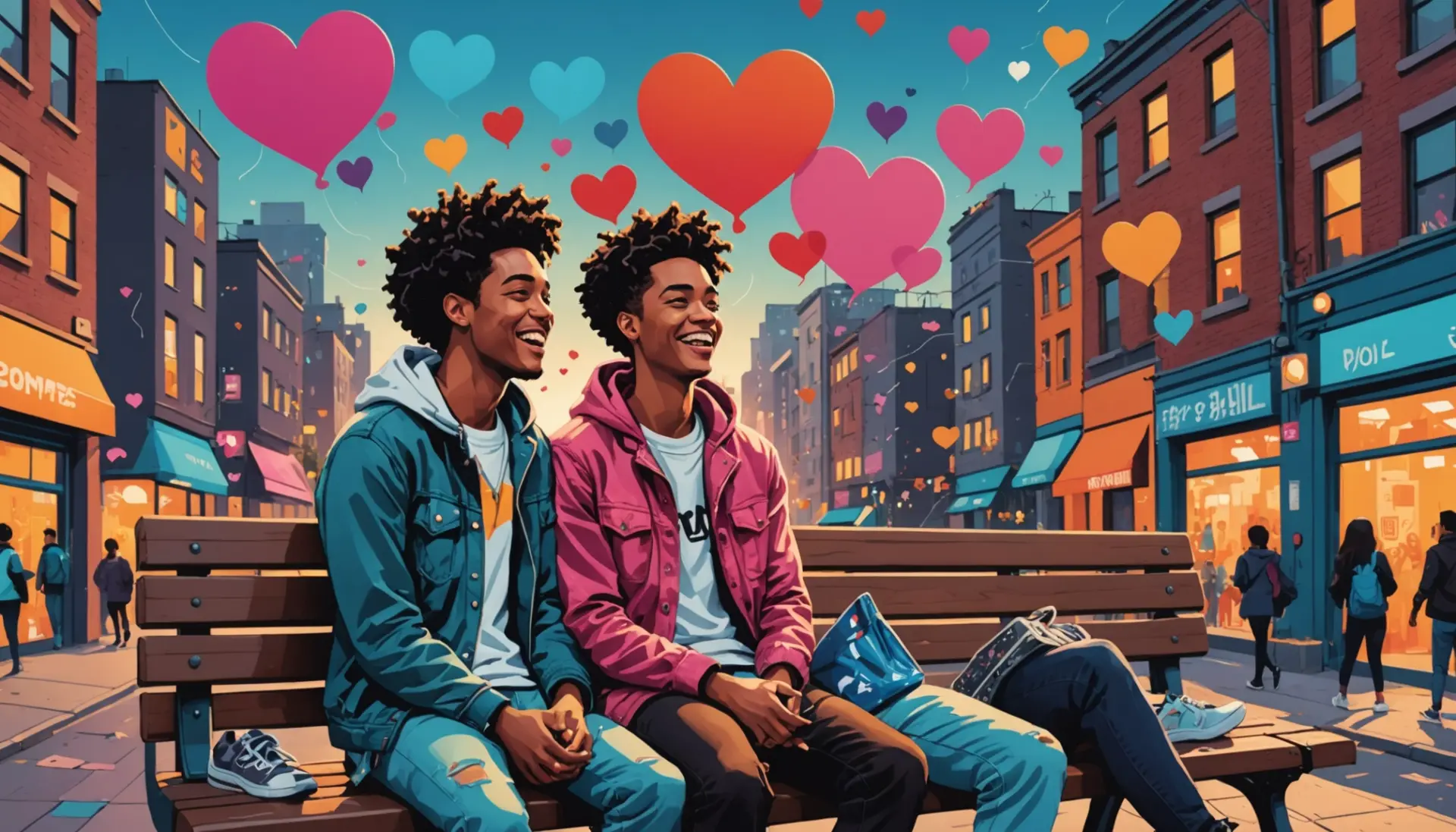Editorial illustration of young couple using the phrase baby in spanish slang in a casual urban setting