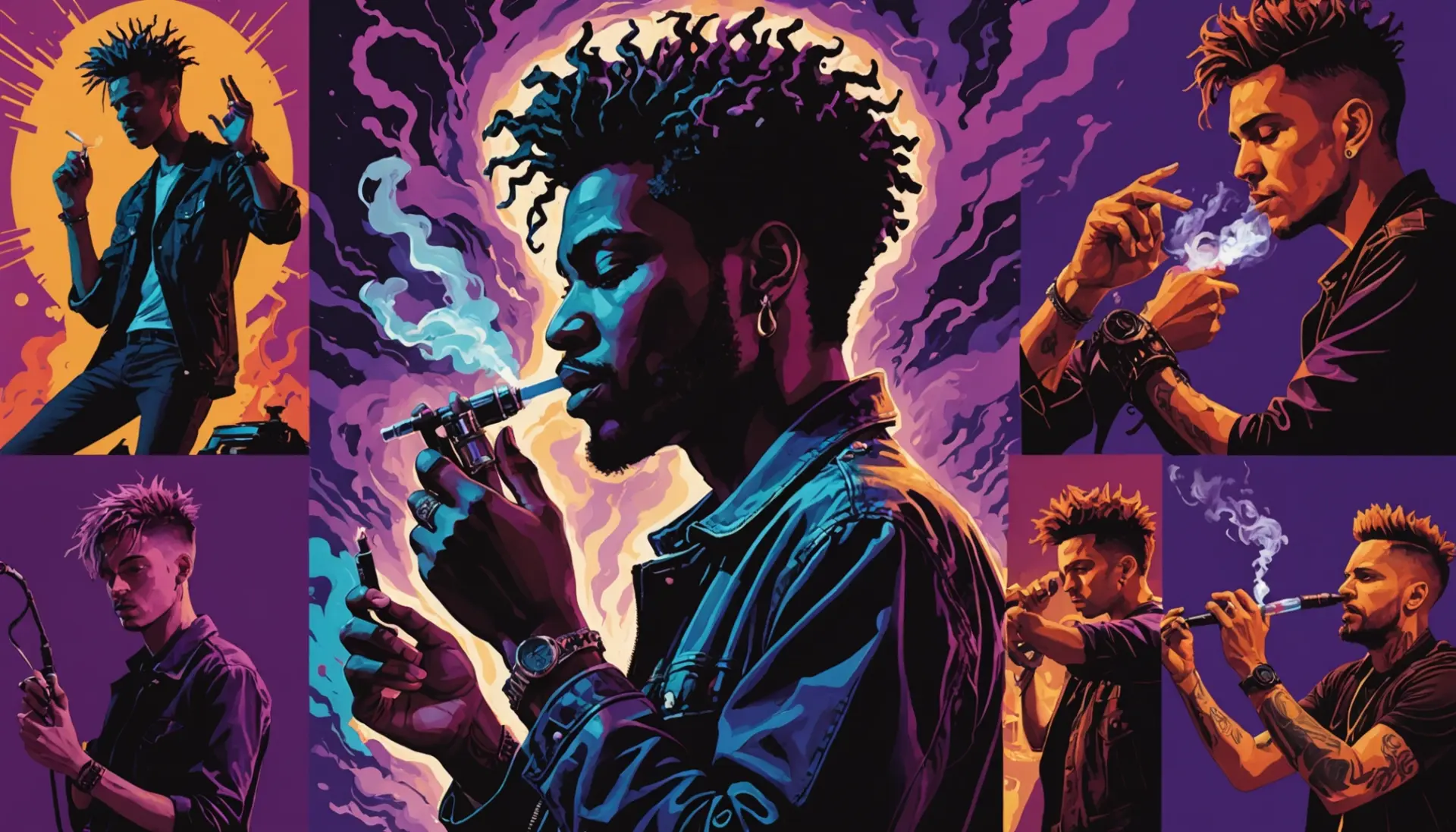 Editorial illustration of diverse people using the word what does coil mean in different contexts: vaping, music, and metaphorical tension