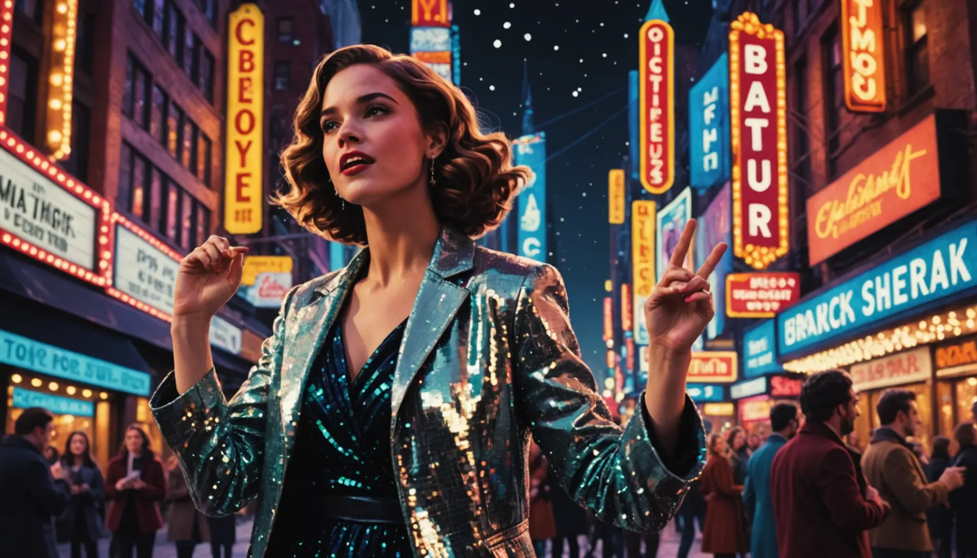 An editorial illustration of a 'broadway girl meaning urban dictionary' aesthetic with theatrical pose