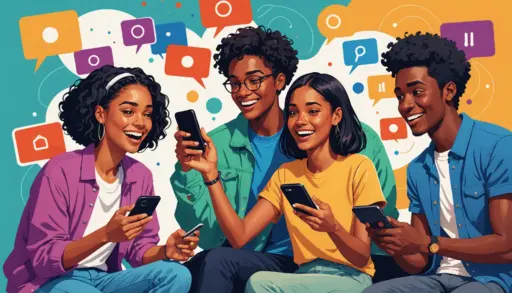 Editorial illustration showing people reacting to the phrase urban dictionary mother on their phones