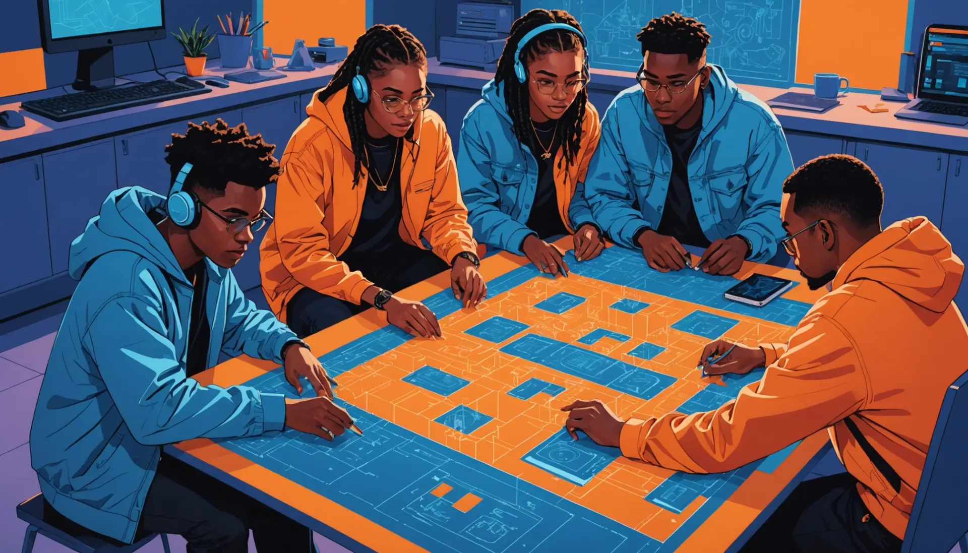 Editorial illustration of people sharing a digital blueprint, representing blueprint meaning slang
