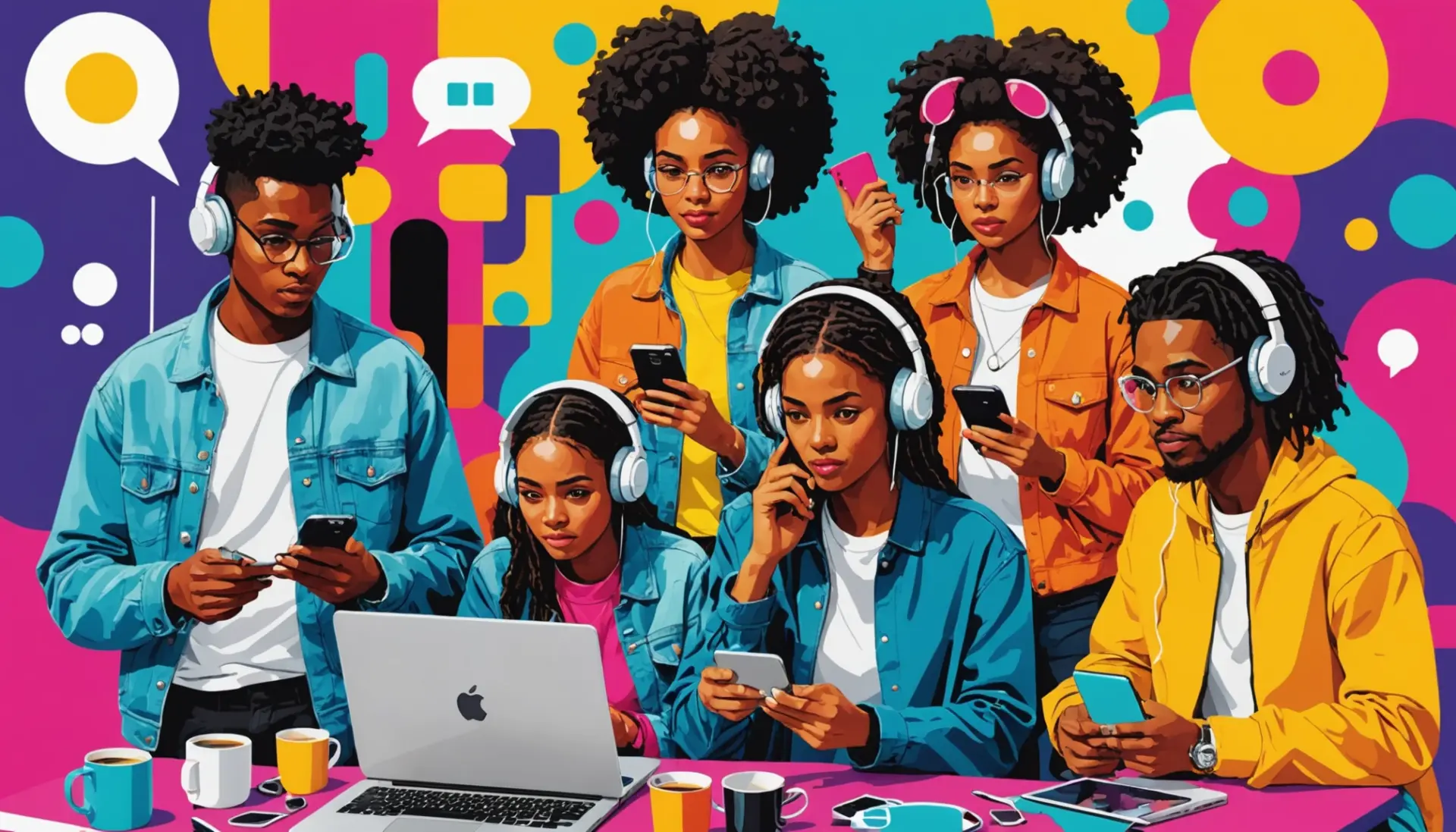 Editorial illustration showing people messaging with the phrase what is nsfw mean in text visible in chat bubbles