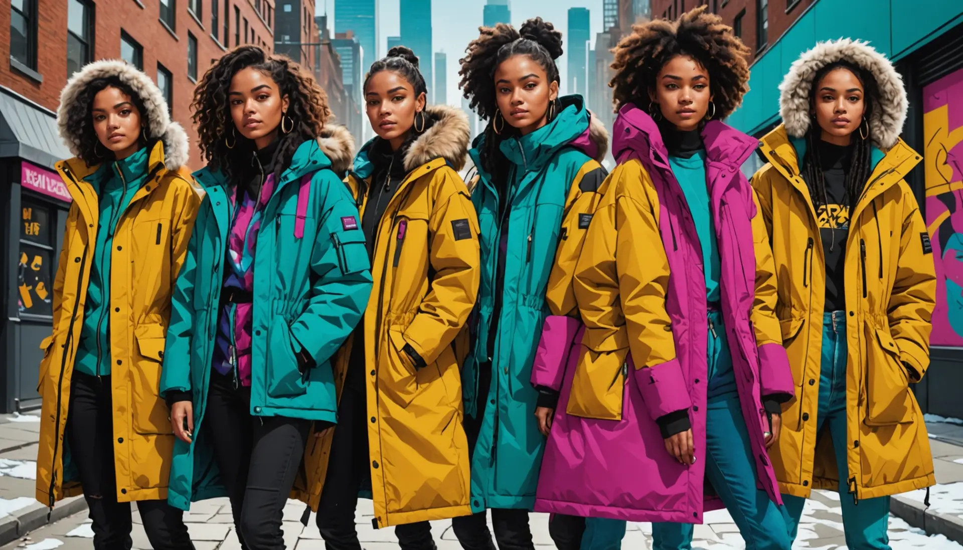People wearing colorful parkas on a city street, illustrating what does parka mean
