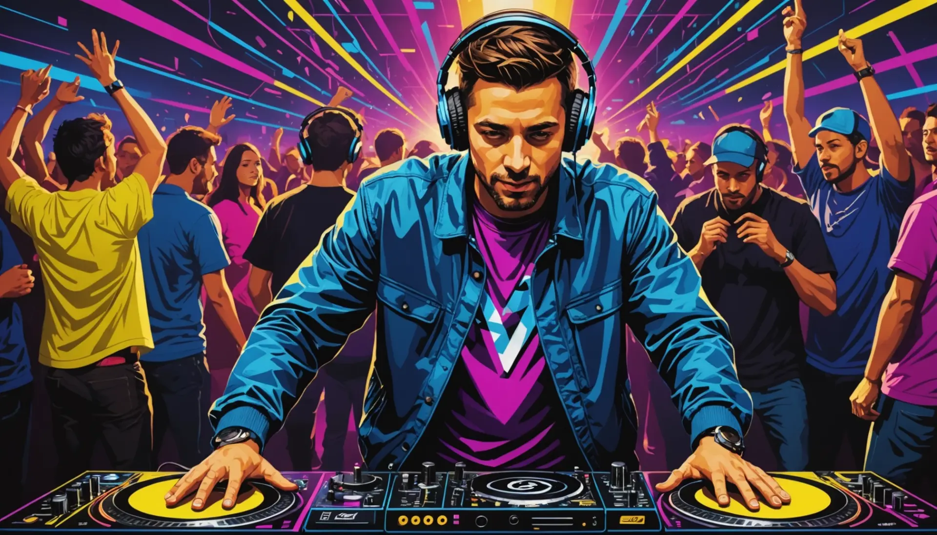 Illustration showing a DJ in a booth with neon crowd, relevant to dj meaning urban dictionary
