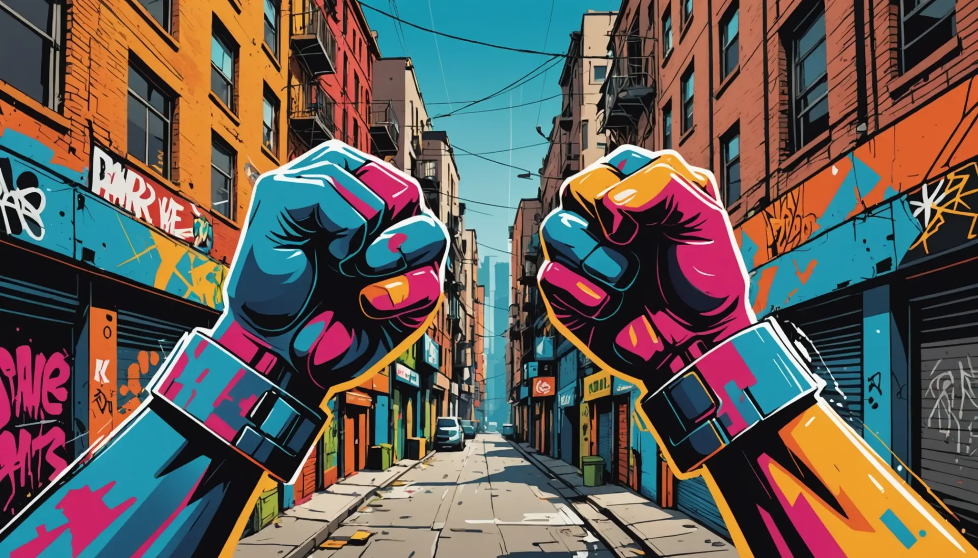 Editorial illustration of urban fists with graffiti style, representing dukes urban dictionary