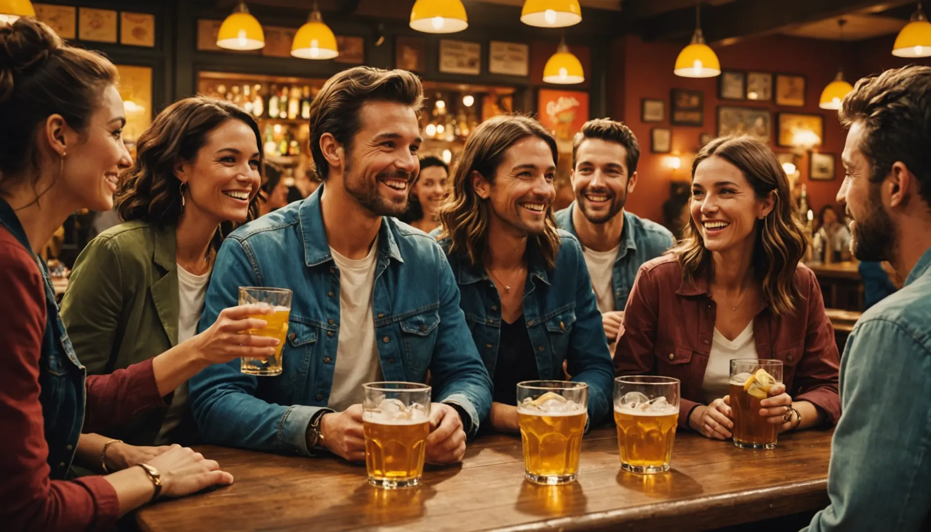 Editorial illustration of friends at a pub debating the meaning of shandy slang meaning