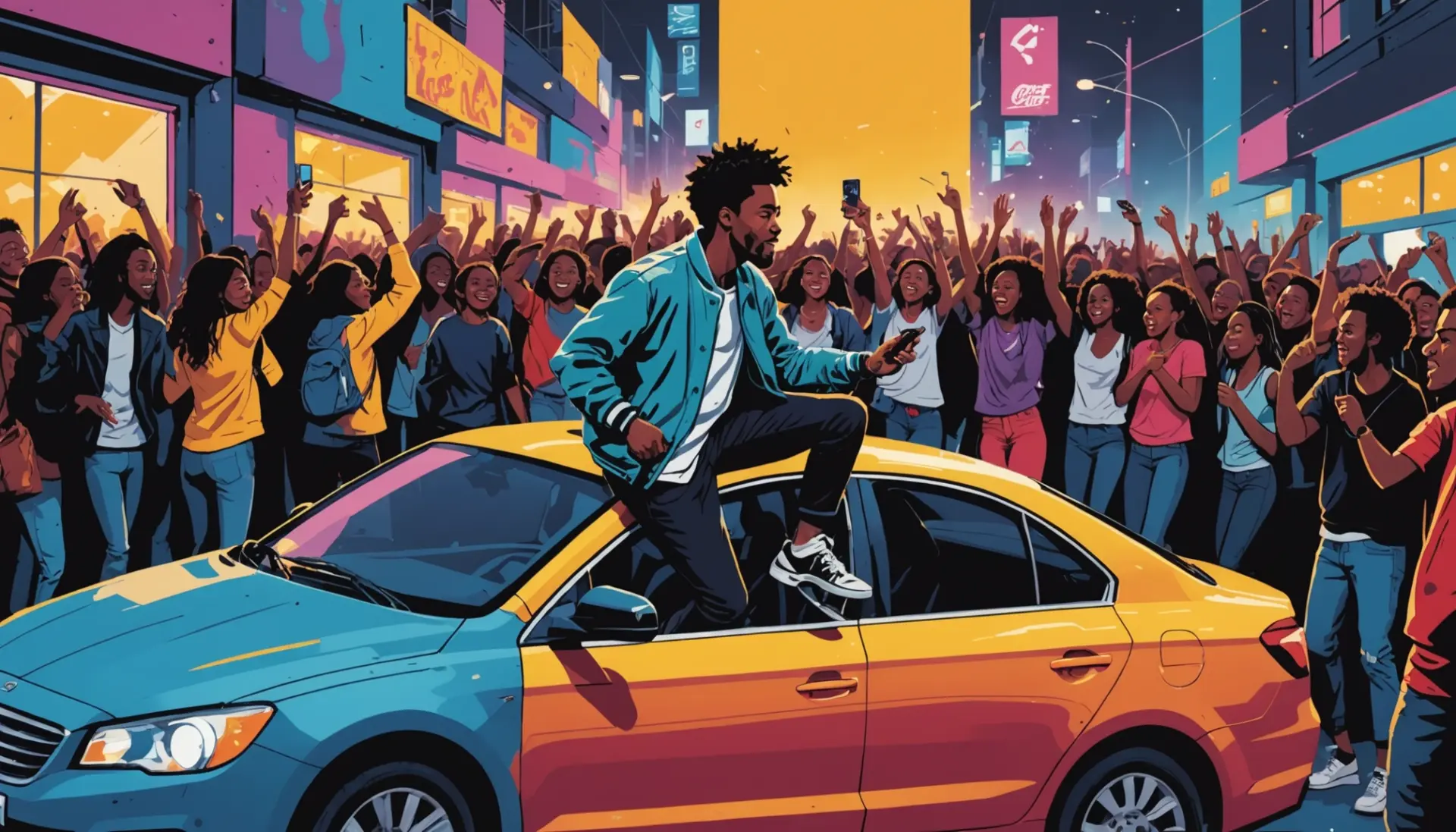 Editorial illustration showing people reacting to a scratched car and someone hyped, with the phrase keyed meaning slang implied