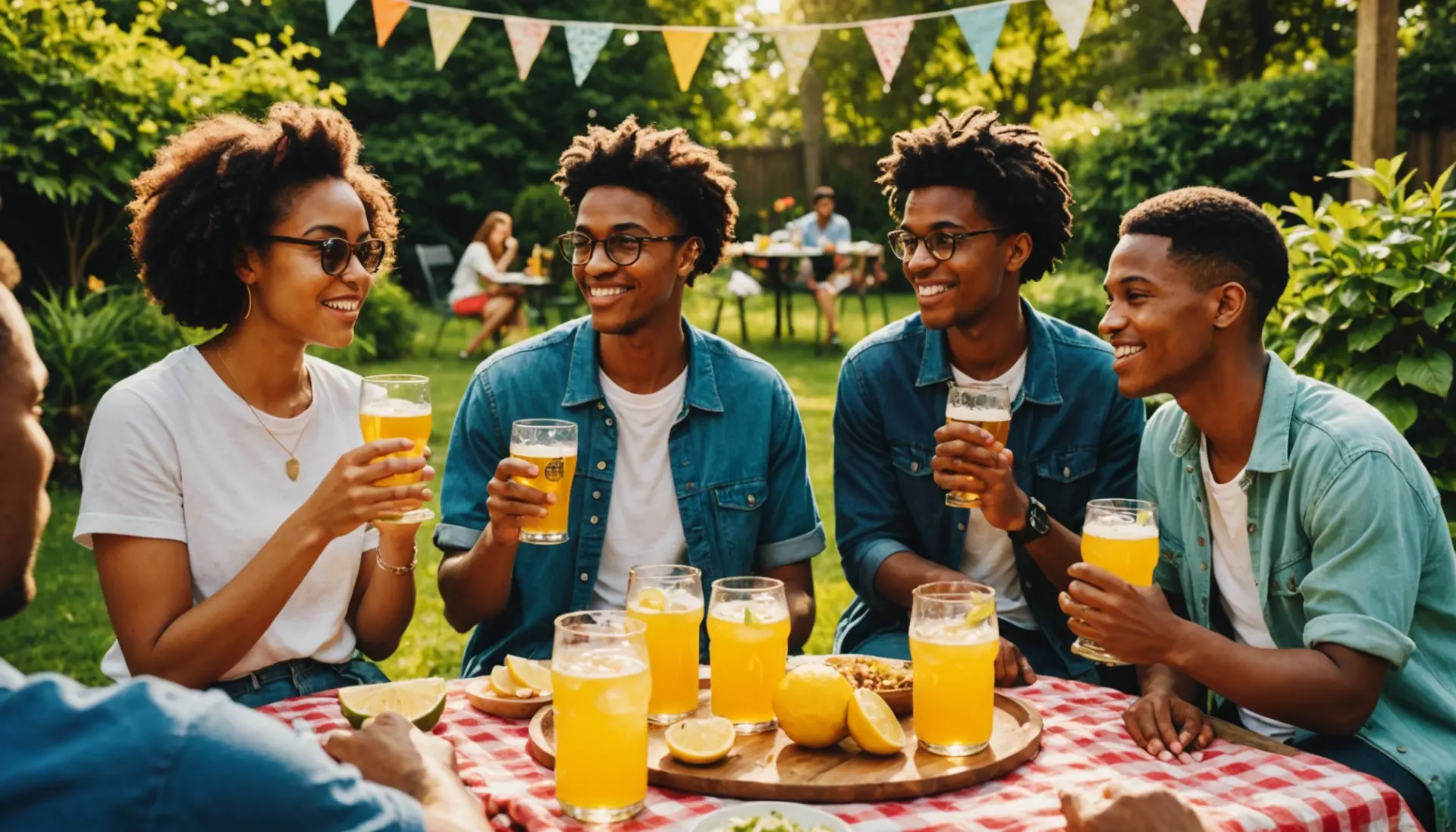 Editorial illustration of friends sharing shandy, with summer vibe and 'shandy definition slang' concept