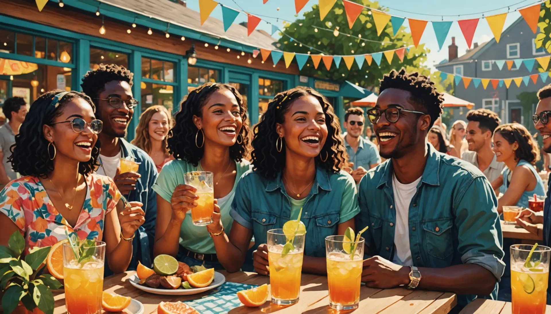 Illustration showing people enjoying shandy with the phrase what does shandy mean in concept