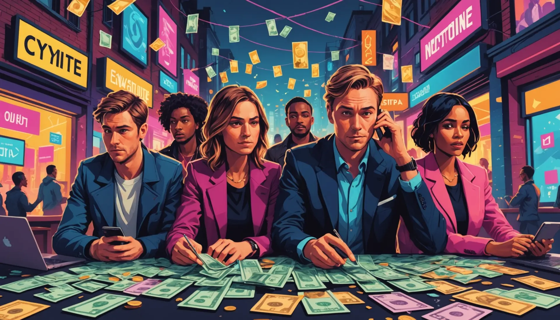 Editorial illustration concept asking what does ponzi mean with symbolic imagery of money flow and collapse