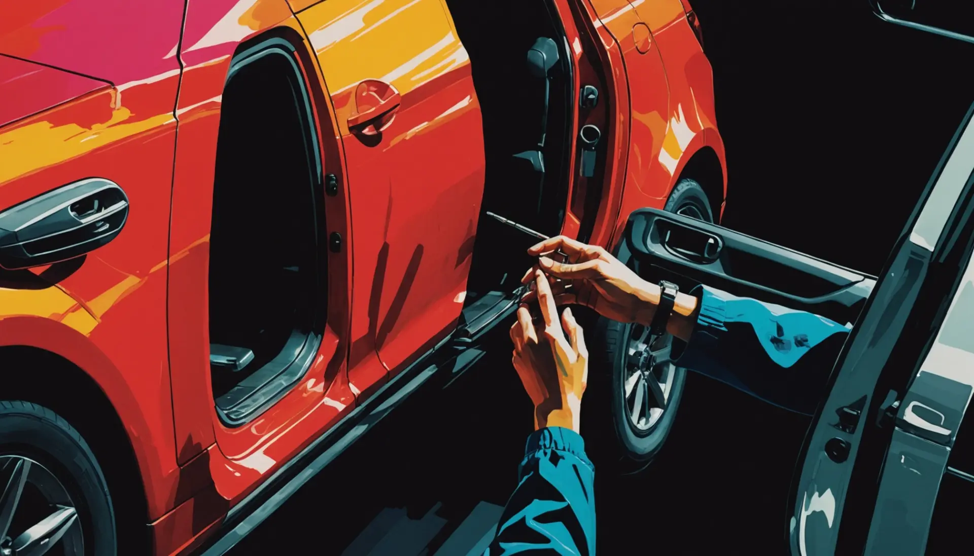 Editorial illustration showing a scratched car door and a nervous performer, depicting what does keyed mean