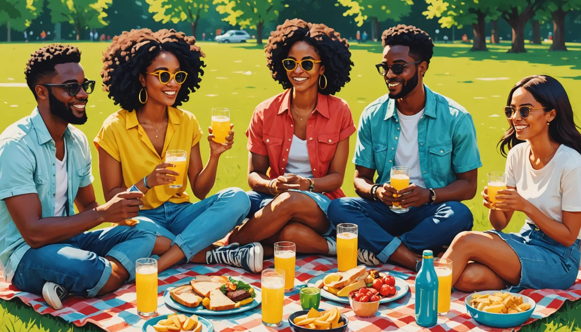 Editorial illustration of friends at a summer picnic with shandy drinks, caption-free, showing shandy meaning slang vibe