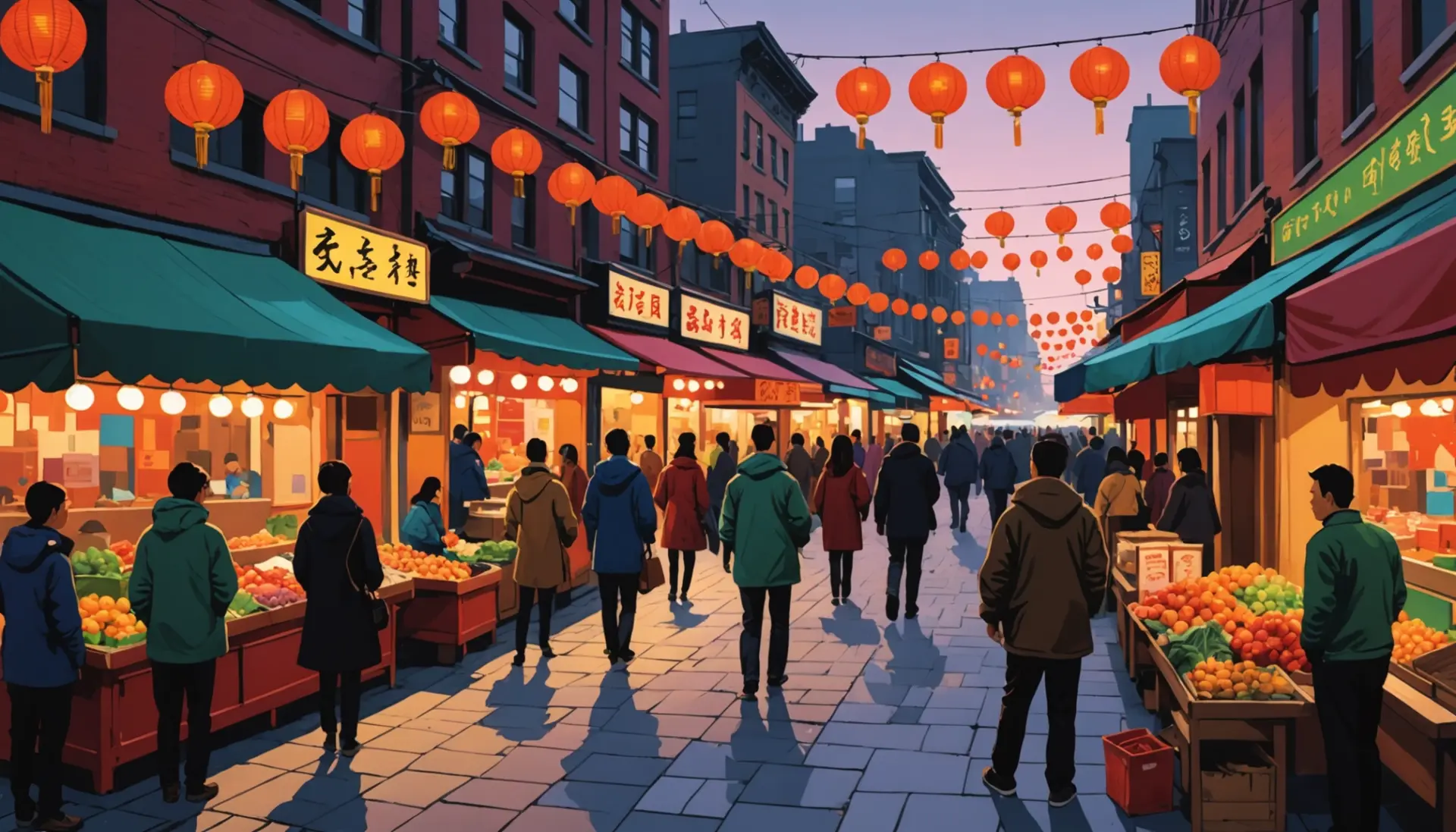 Editorial illustration showing an urban market scene evoking Chinatown meaning slang