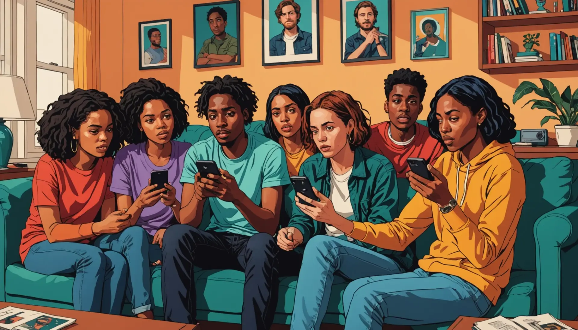 Editorial illustration showing a tense group with 'knives out meaning slang' mood reflected in expressions