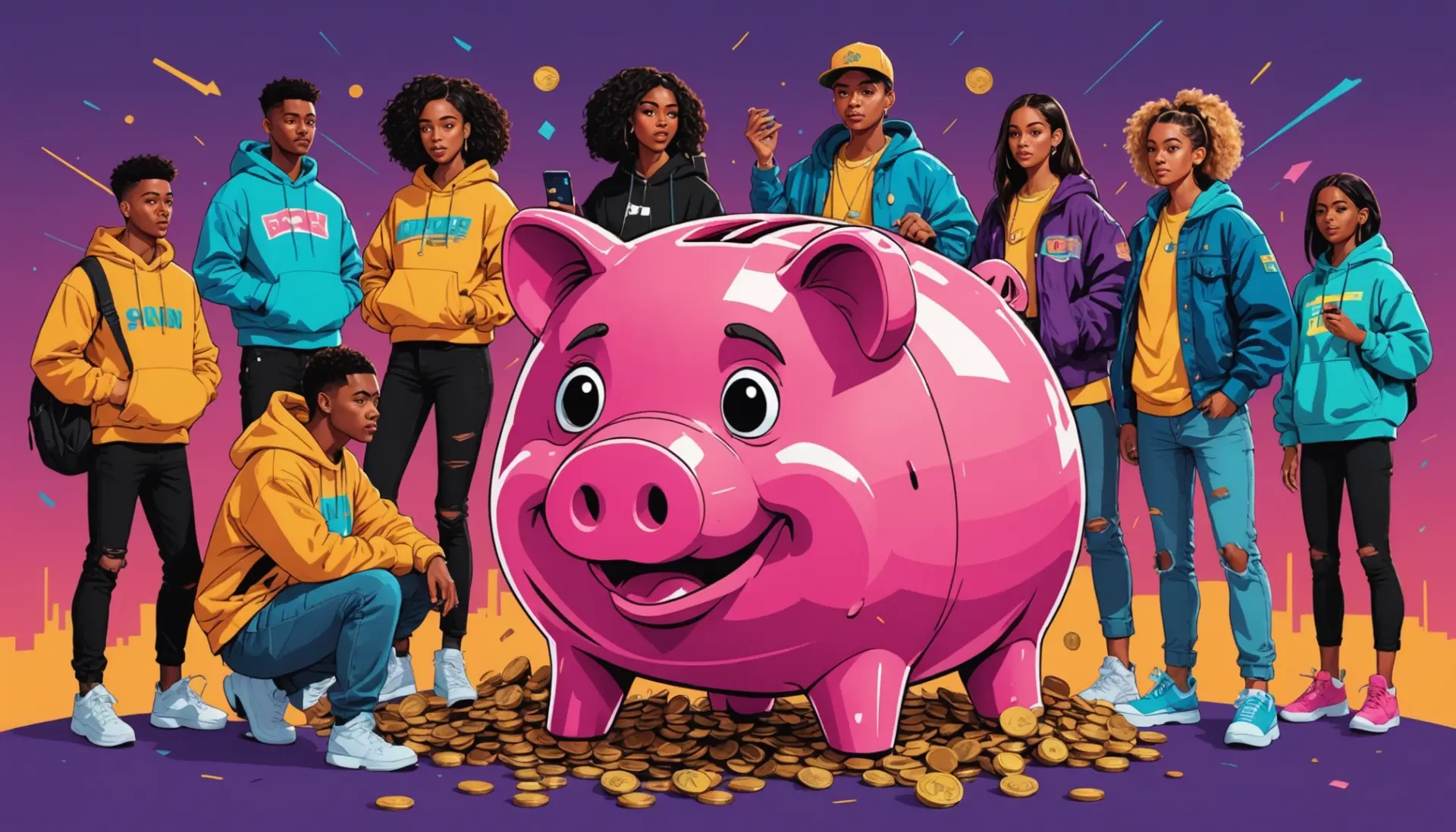Editorial illustration showing people pointing at a cracked piggy bank labeled with the phrase ponzi meaning slang in concept