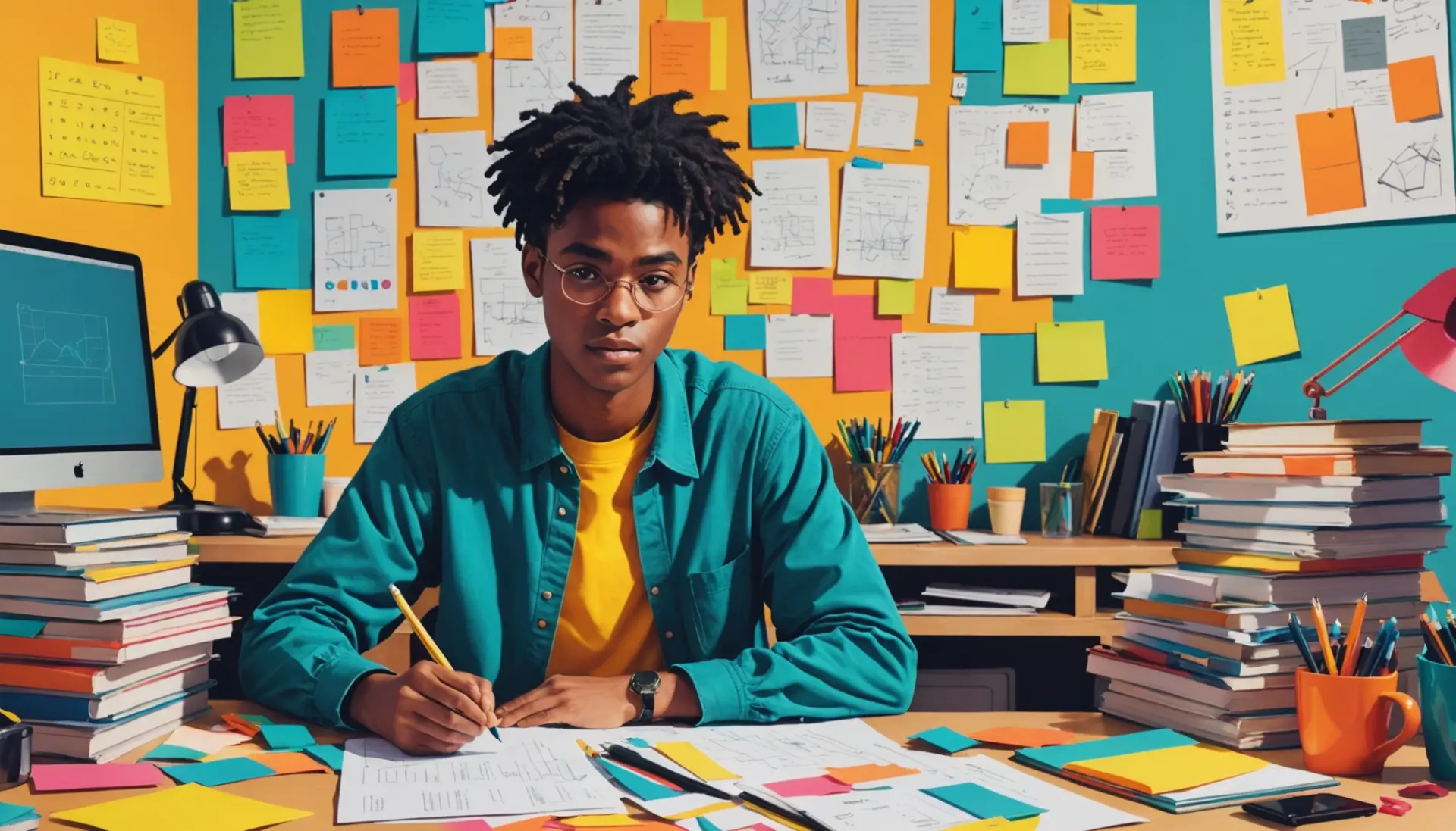 Editorial illustration of a person labeled with the question what does wonk mean surrounded by books and charts