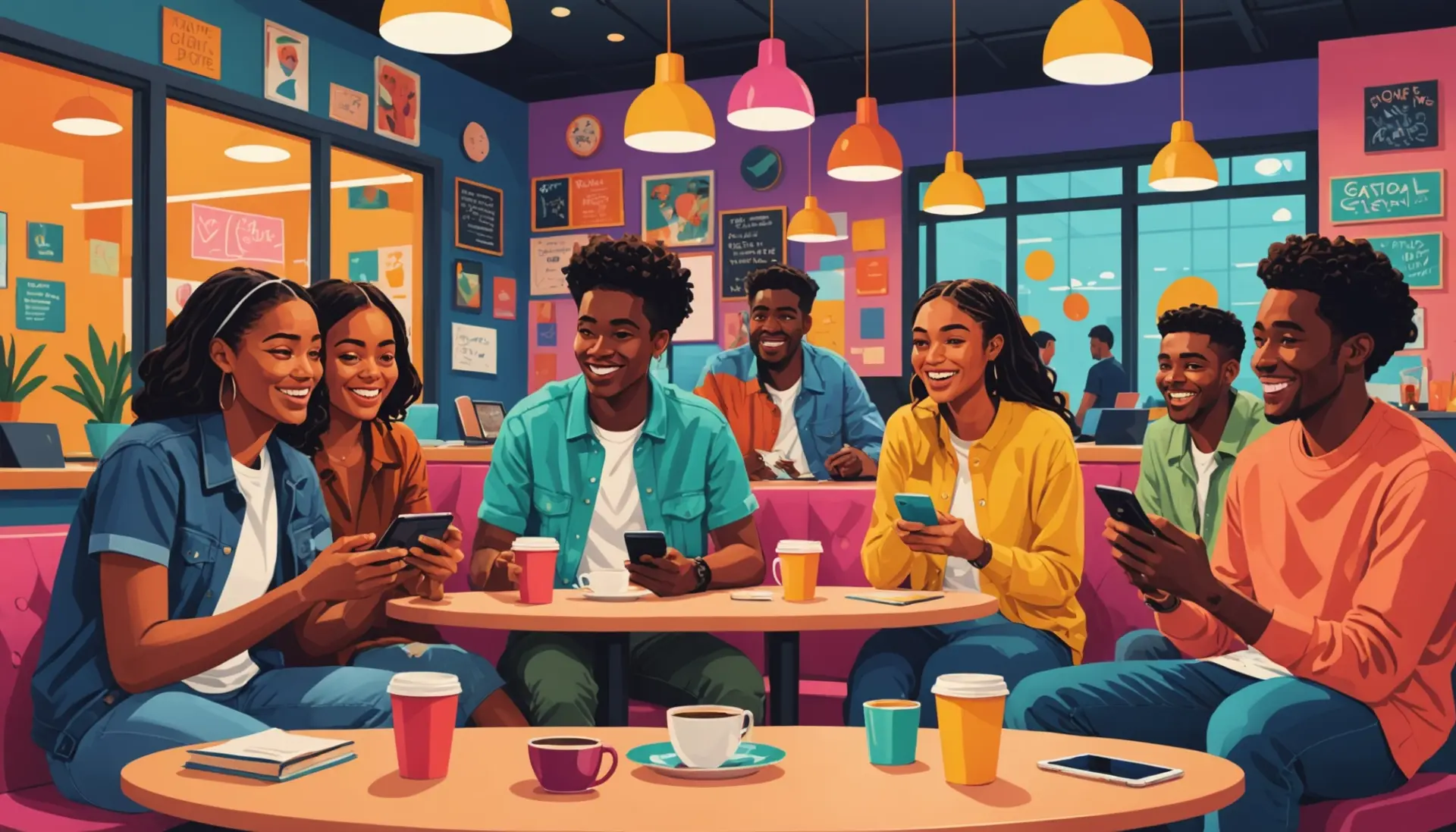 Editorial illustration showing people using the phrase franci meaning slang on phones