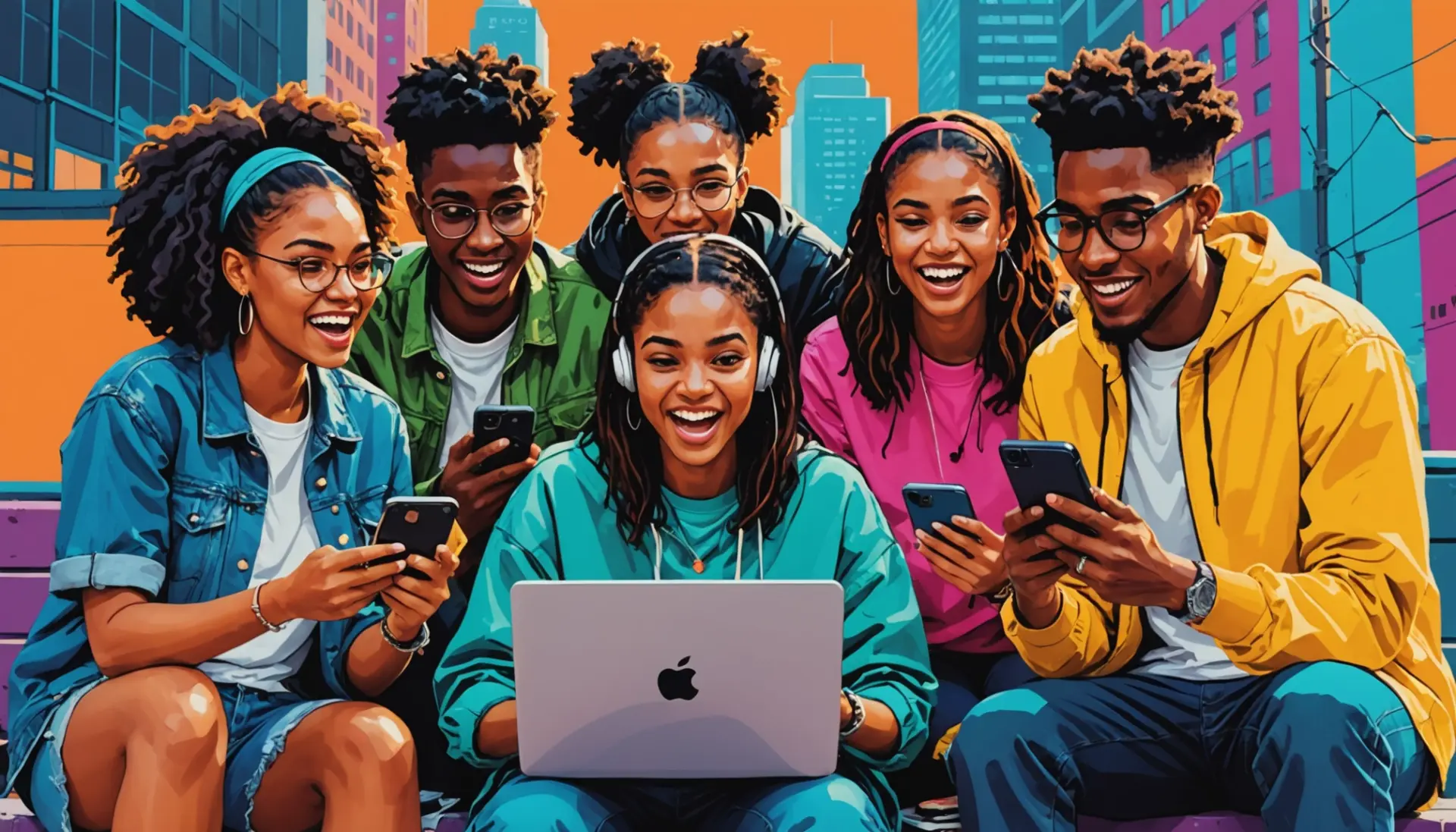 Editorial illustration showing people searching 'urban dictionary spunk' on phones and reacting, playful urban vibe