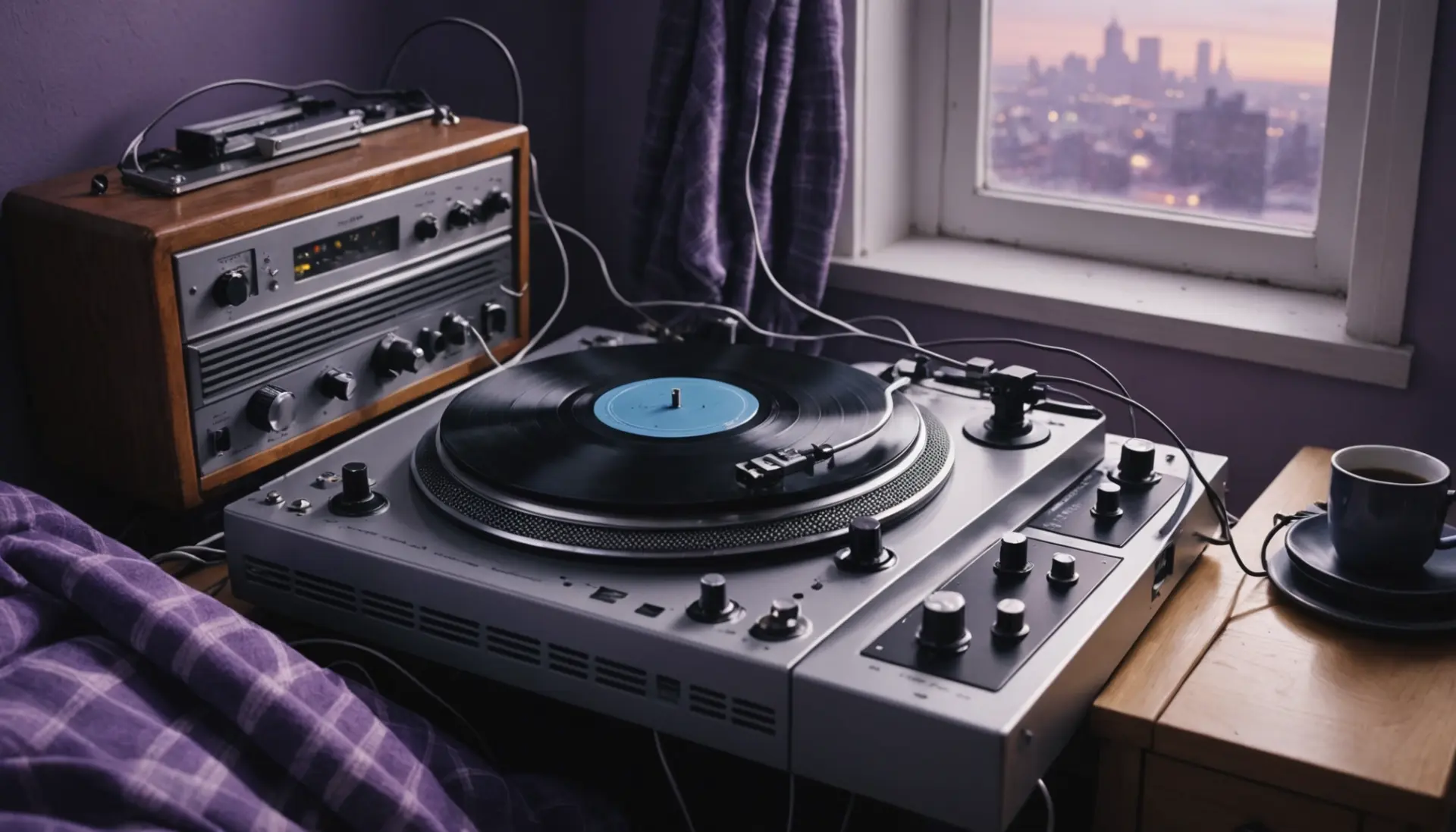 Editorial photo-style illustration showing a dreamy room with reverb-like light and the phrase shoegaze urban dictionary mood