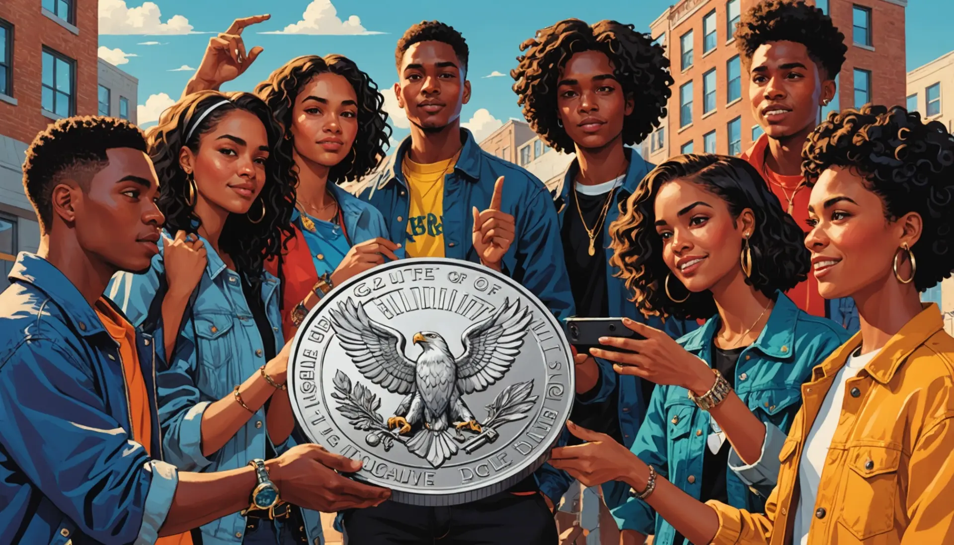 Editorial illustration of people around a shiny silver coin, titled scene evoking silver eagle urban dictionary