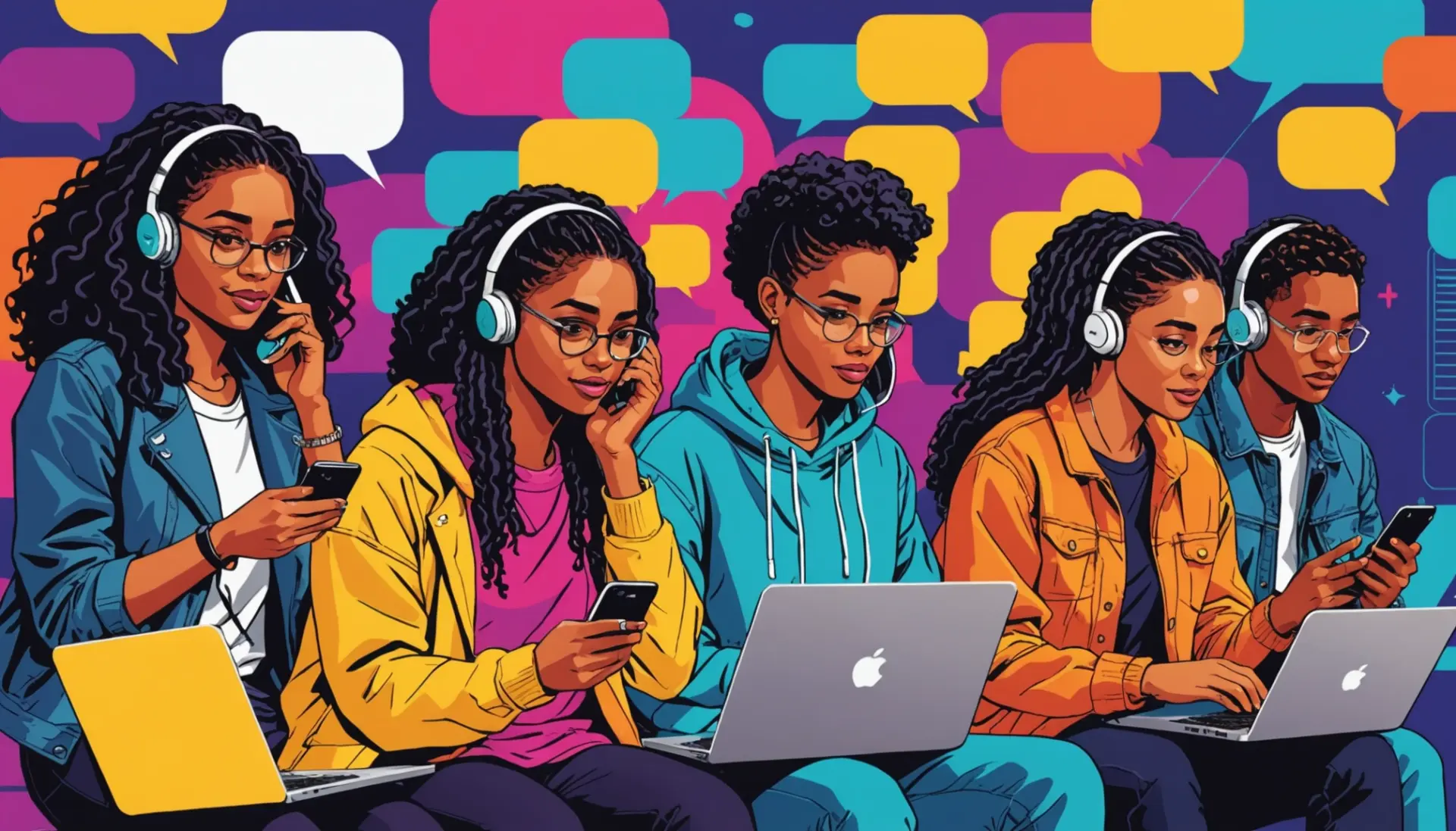 Editorial illustration showing young people reacting with Ws and chat bubbles, caption-free, referencing ws urban dictionary