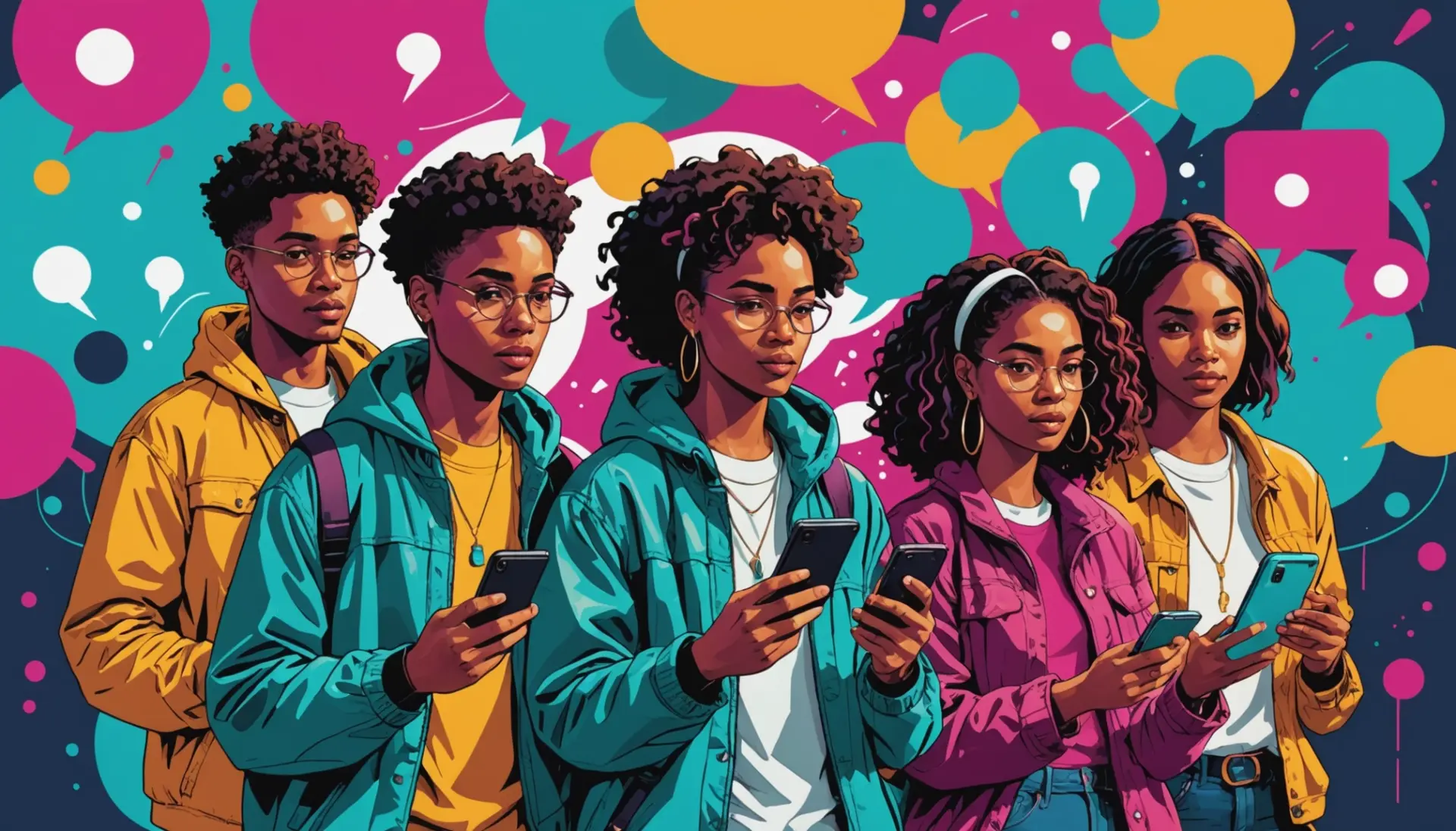 Editorial illustration showing youth texting with speech bubbles and the phrase sss urban dictionary visible in a phone screen idea