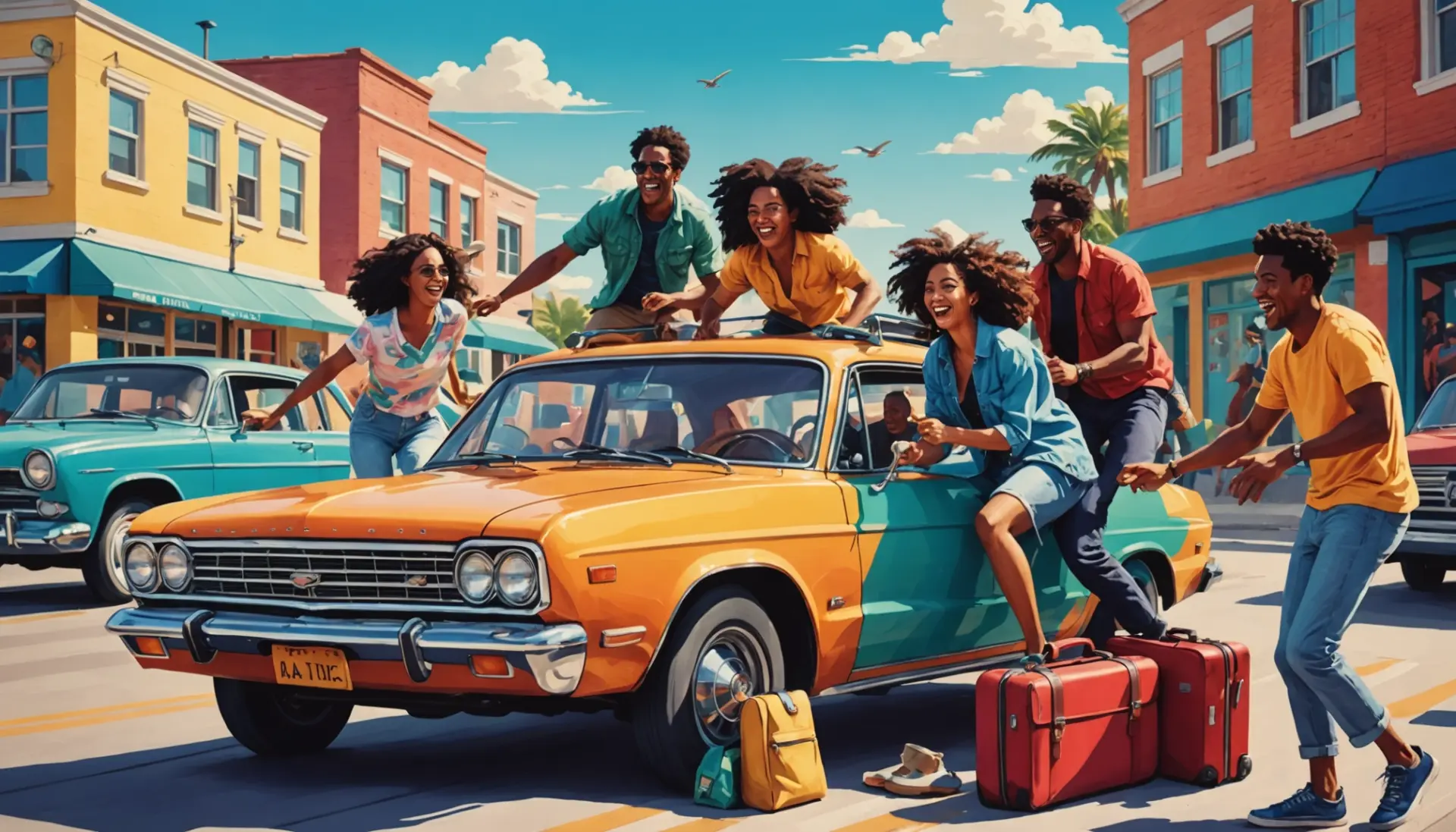 Editorial illustration of friends escaping for a trip, captioned idea showing weekend slang meaning