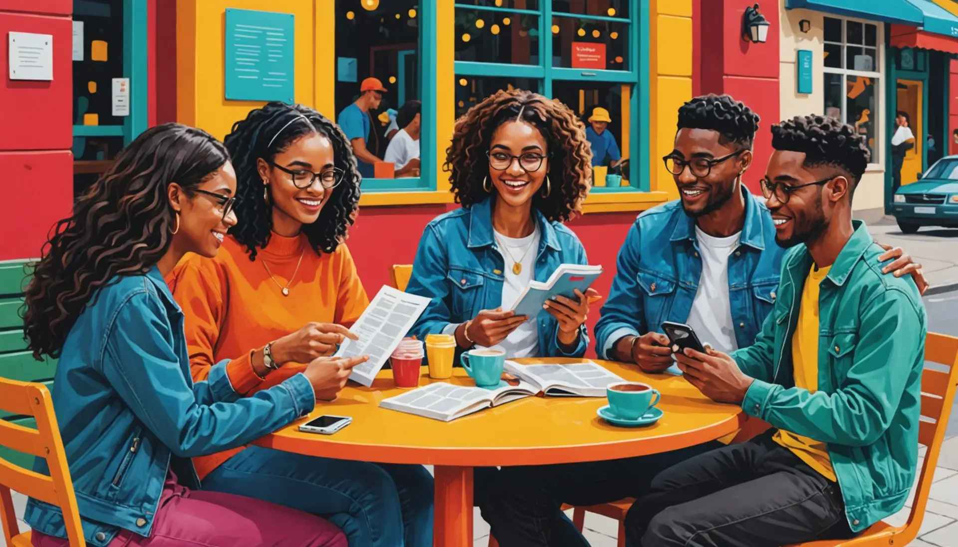 Illustration of people discussing 'outside urban dictionary' phrase over coffee, outside urban dictionary