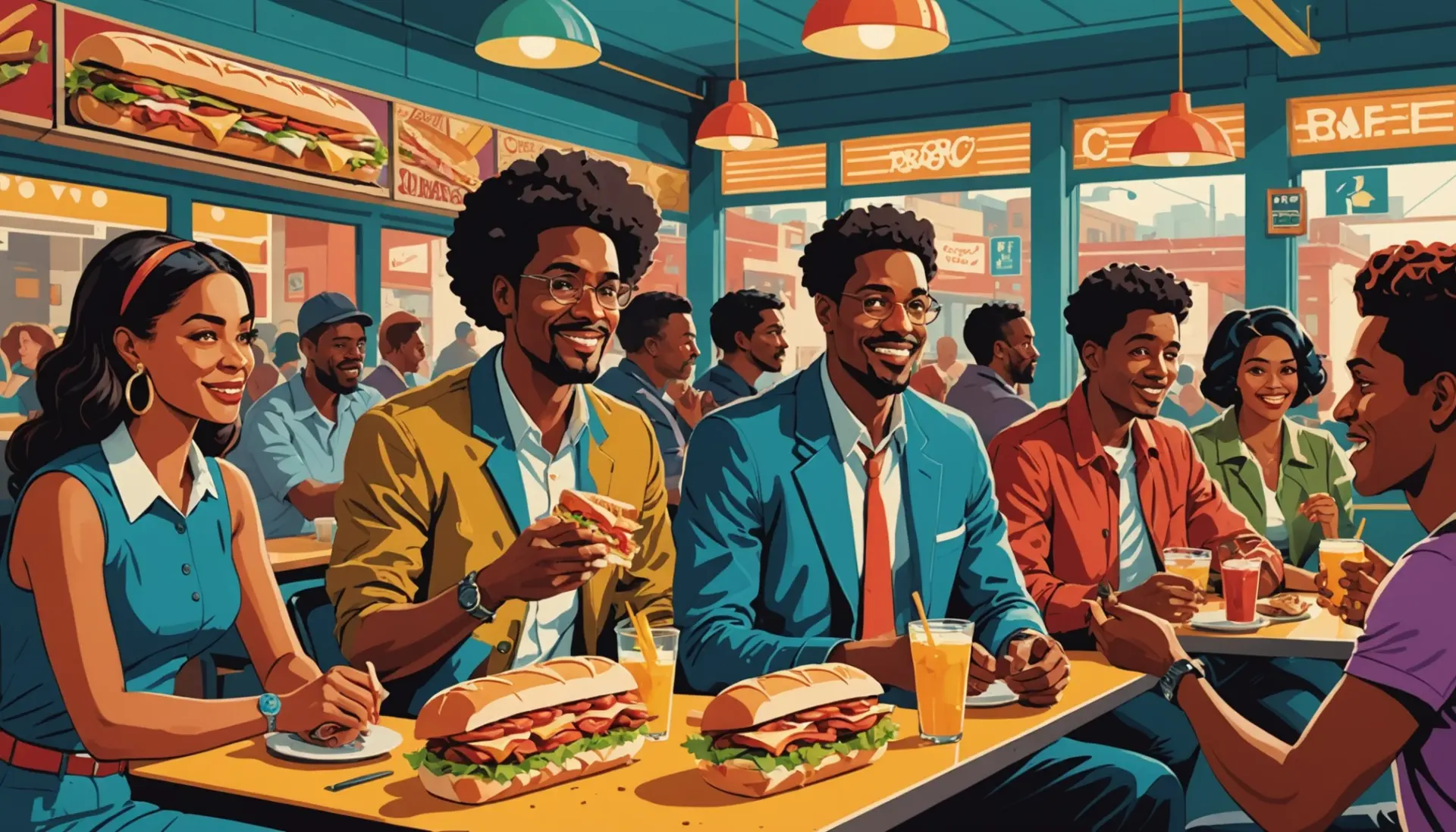Editorial illustration showing diverse people enjoying sandwiches with the phrase slang for sandwich implied in visual cues
