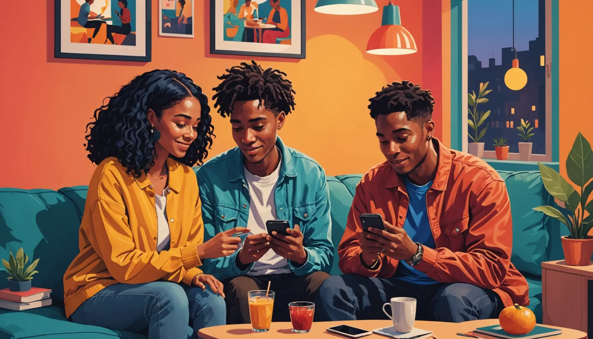 Editorial illustration showing people exchanging affectionate messages, representing what does gfe mean in slang
