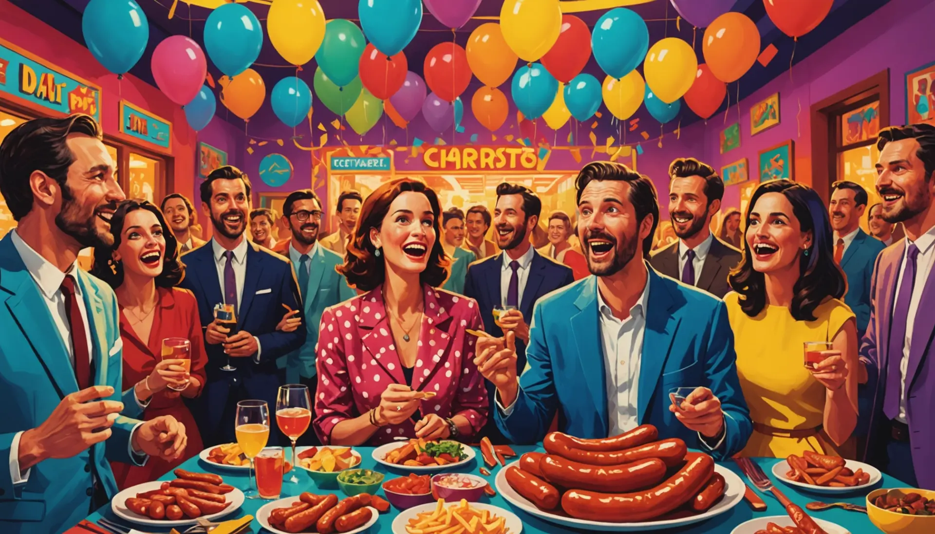 Editorial illustration showing young adults at a party with the phrase sausage party urban dictionary vibe