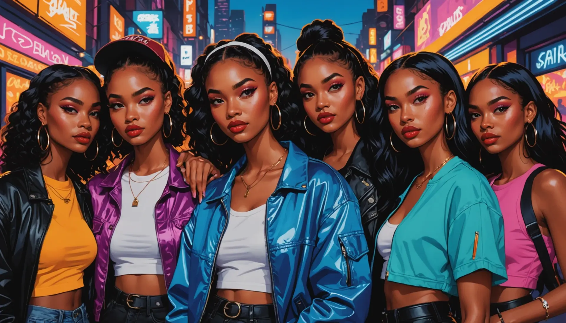 Editorial illustration of diverse young people embodying the ABG aesthetic, labeled urban dictionary abg vibe